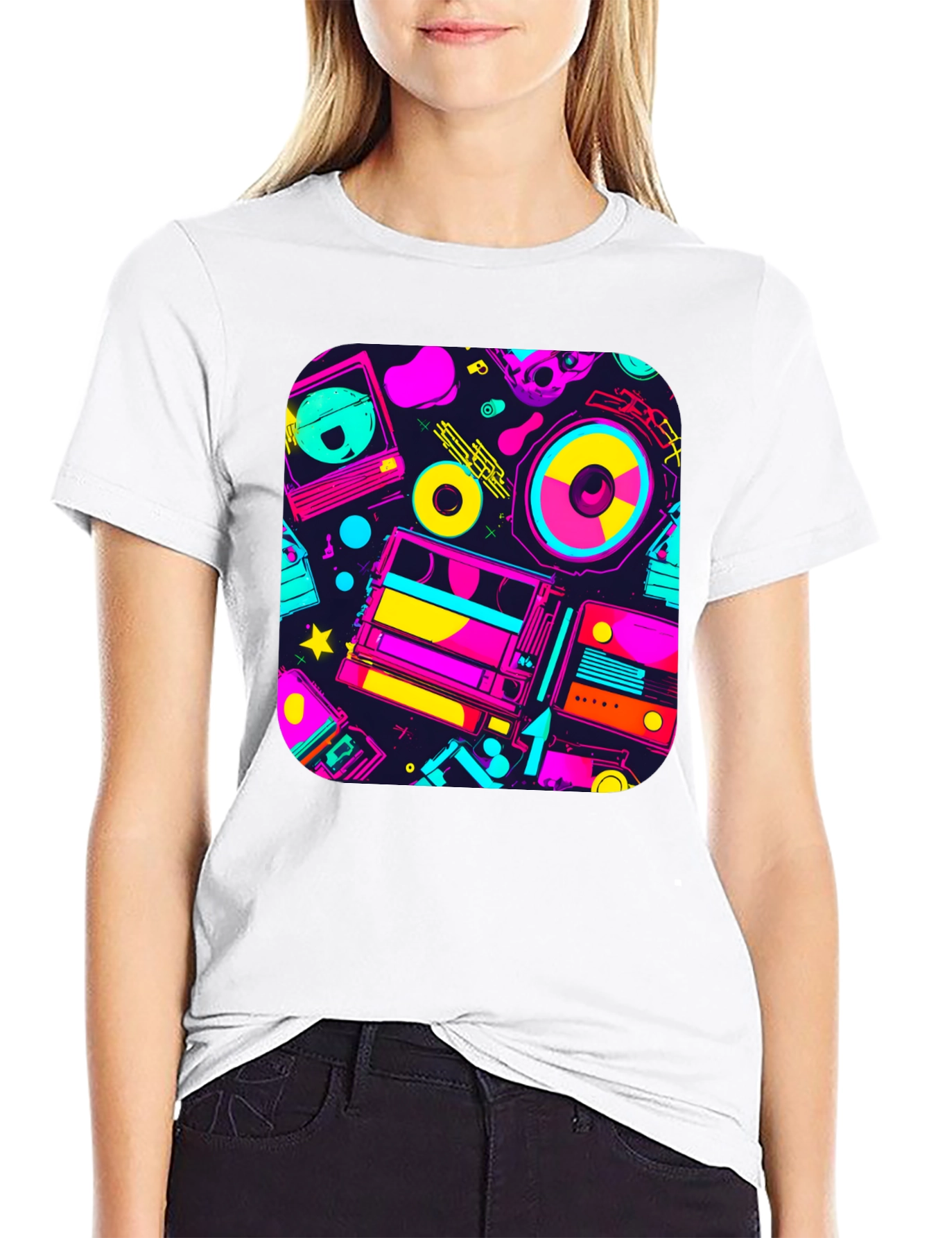 Retro 80s Music Print Black T-Shirt
