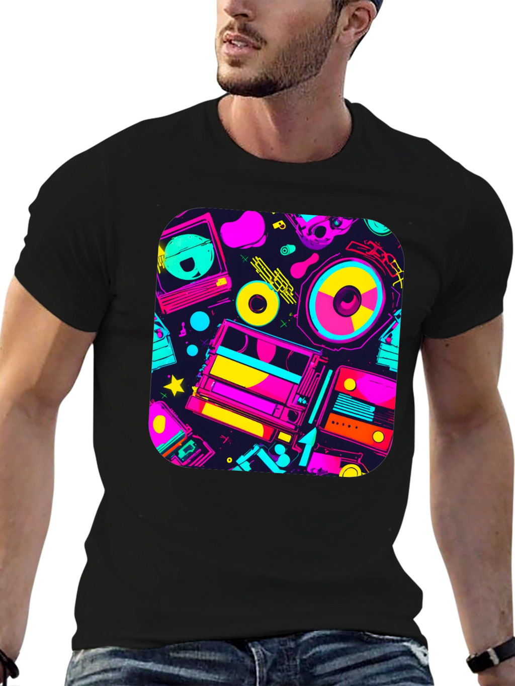 Retro 80s Music Print Black T-Shirt
