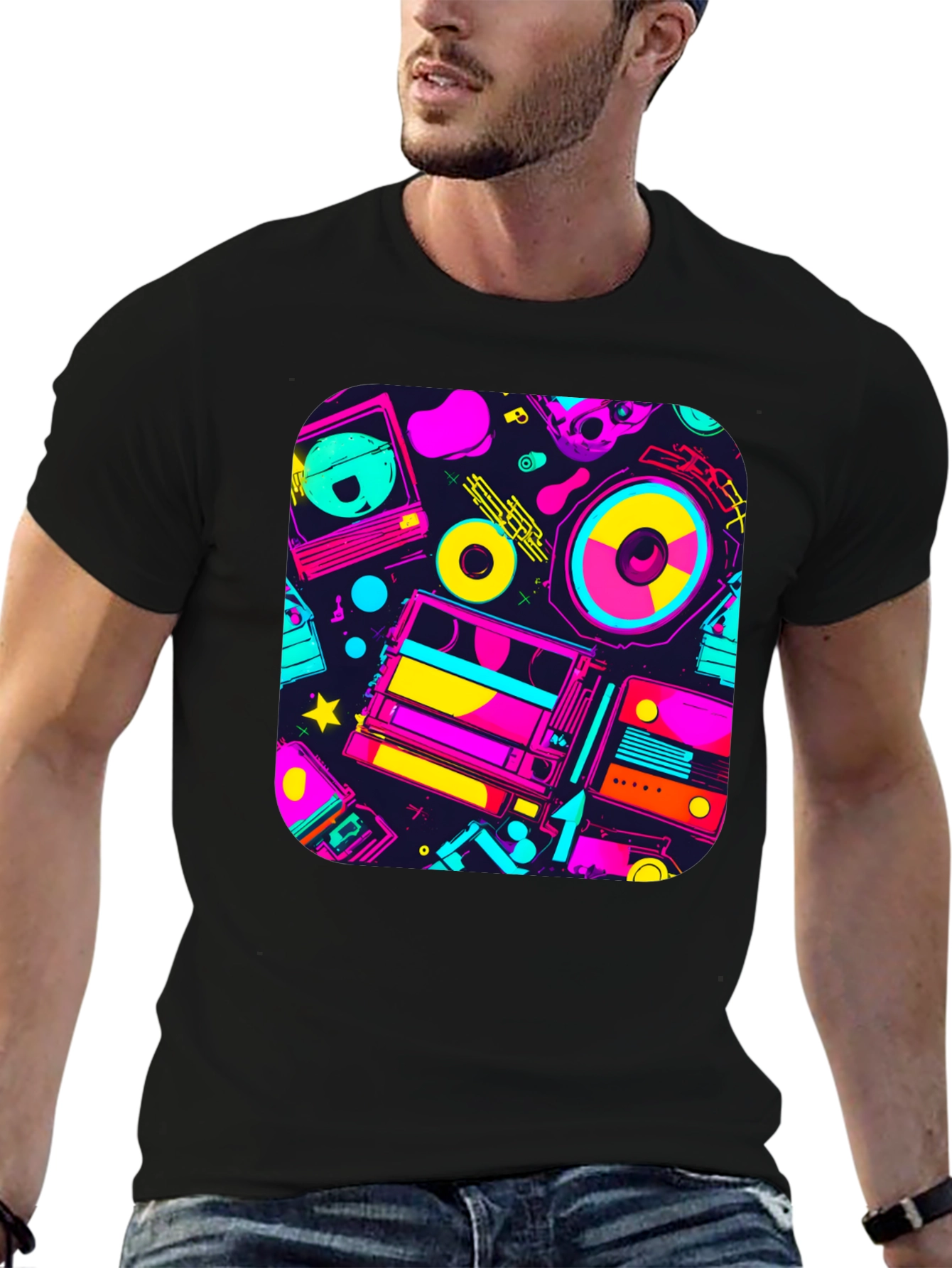 Retro 80s Music Print Black T-Shirt