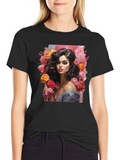 Floral Woman Graphic Tee - Stylish Black T-Shirt