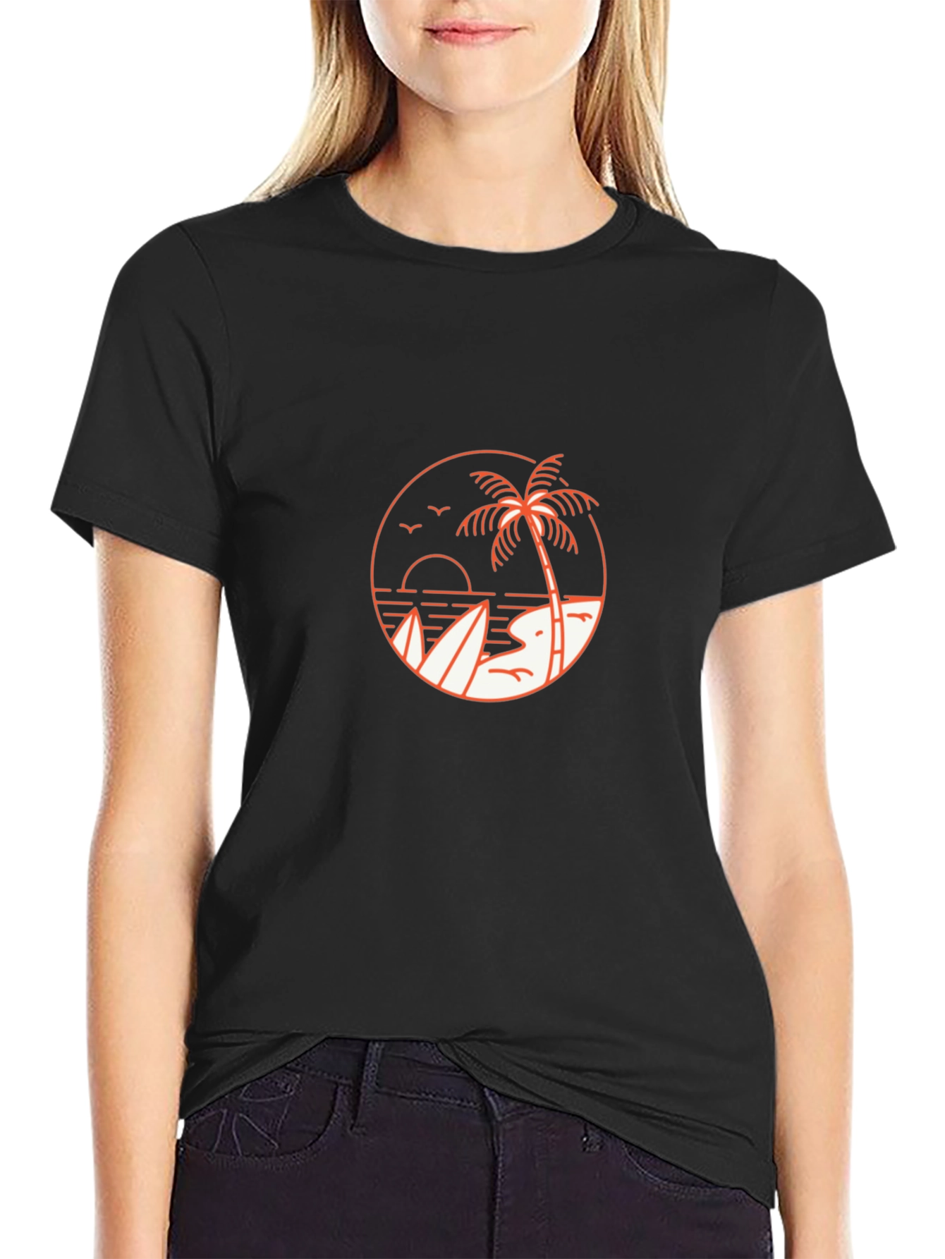 Mens Black T-Shirt with Beach Graphic
