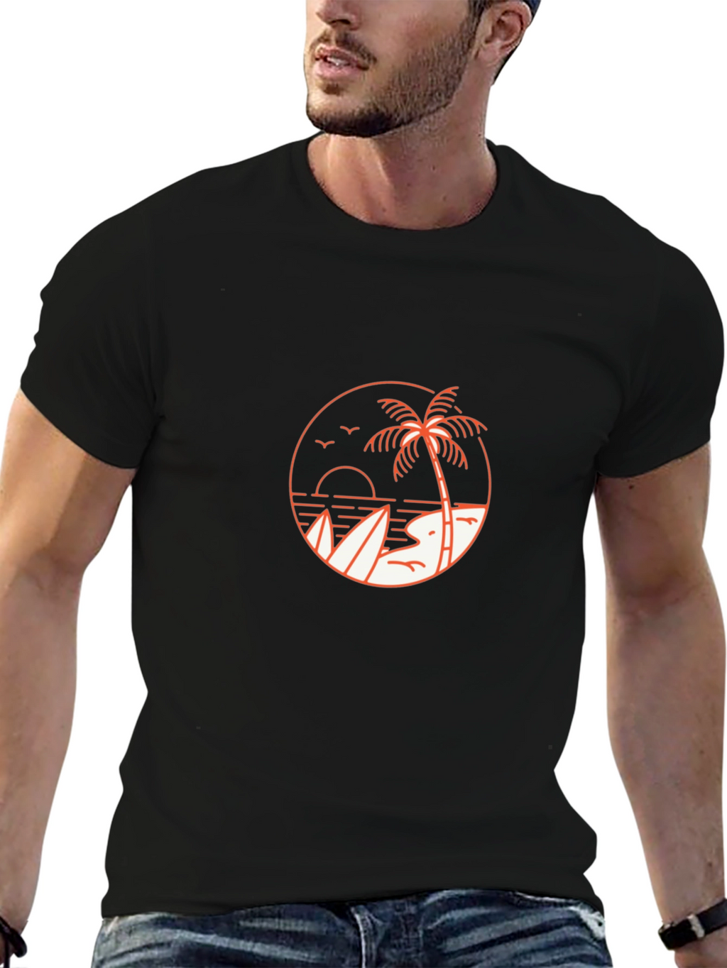 Mens Black T-Shirt with Beach Graphic