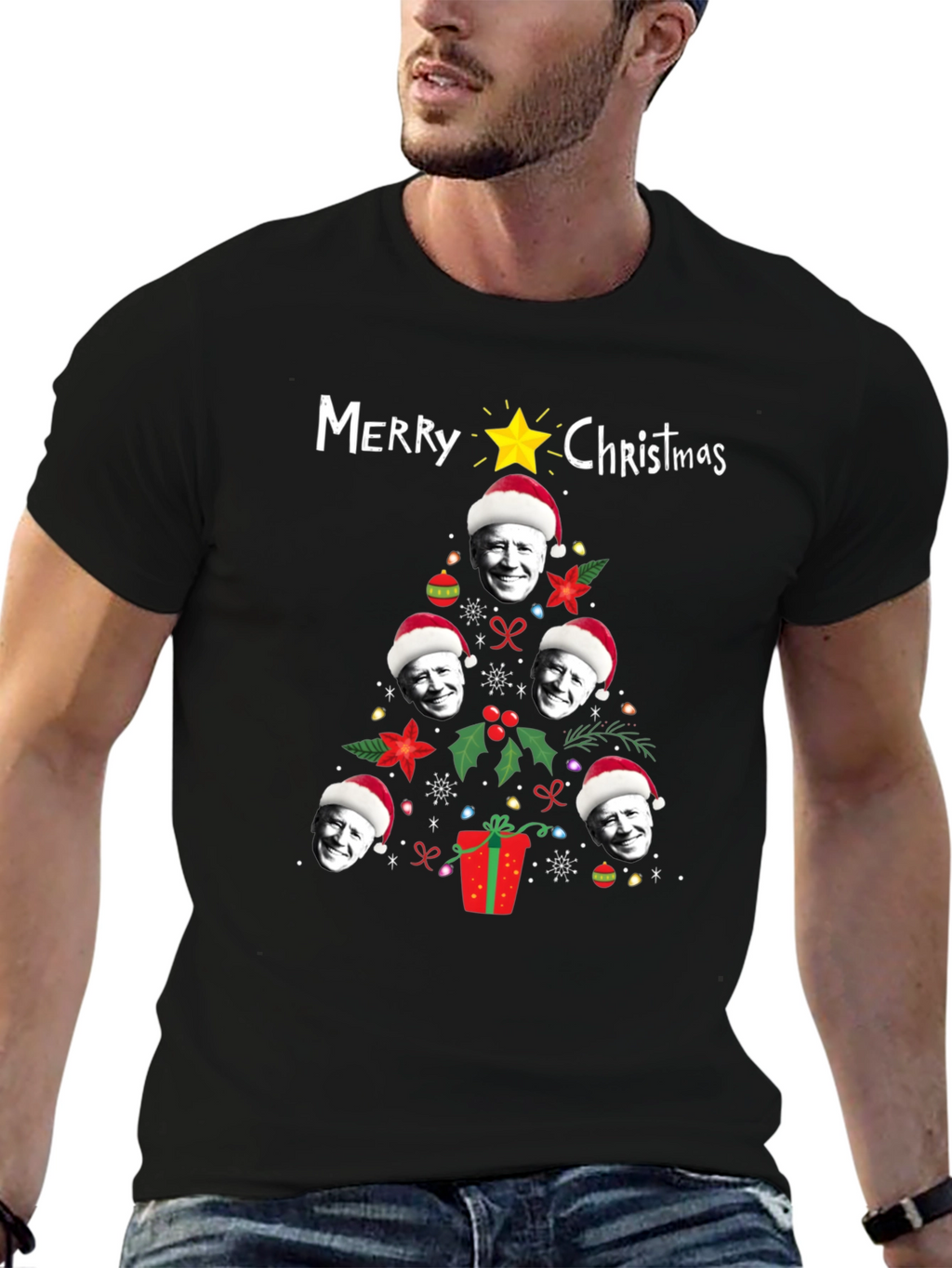 Funny Joe Biden Christmas Tree Graphic T-Shirt