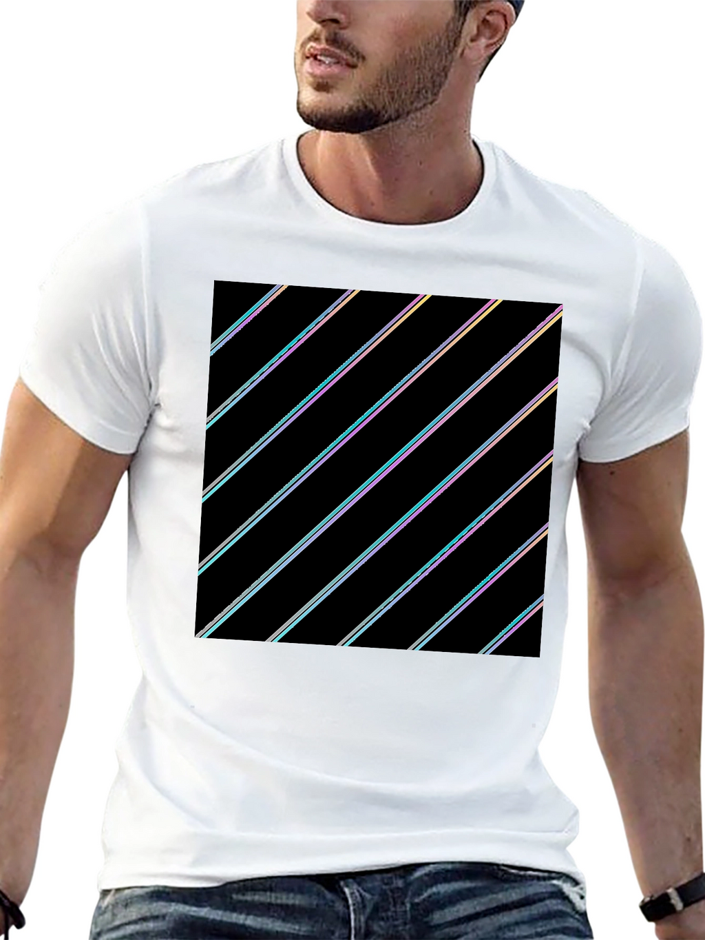 Modern Black T-Shirt with Geometric Stripe Design