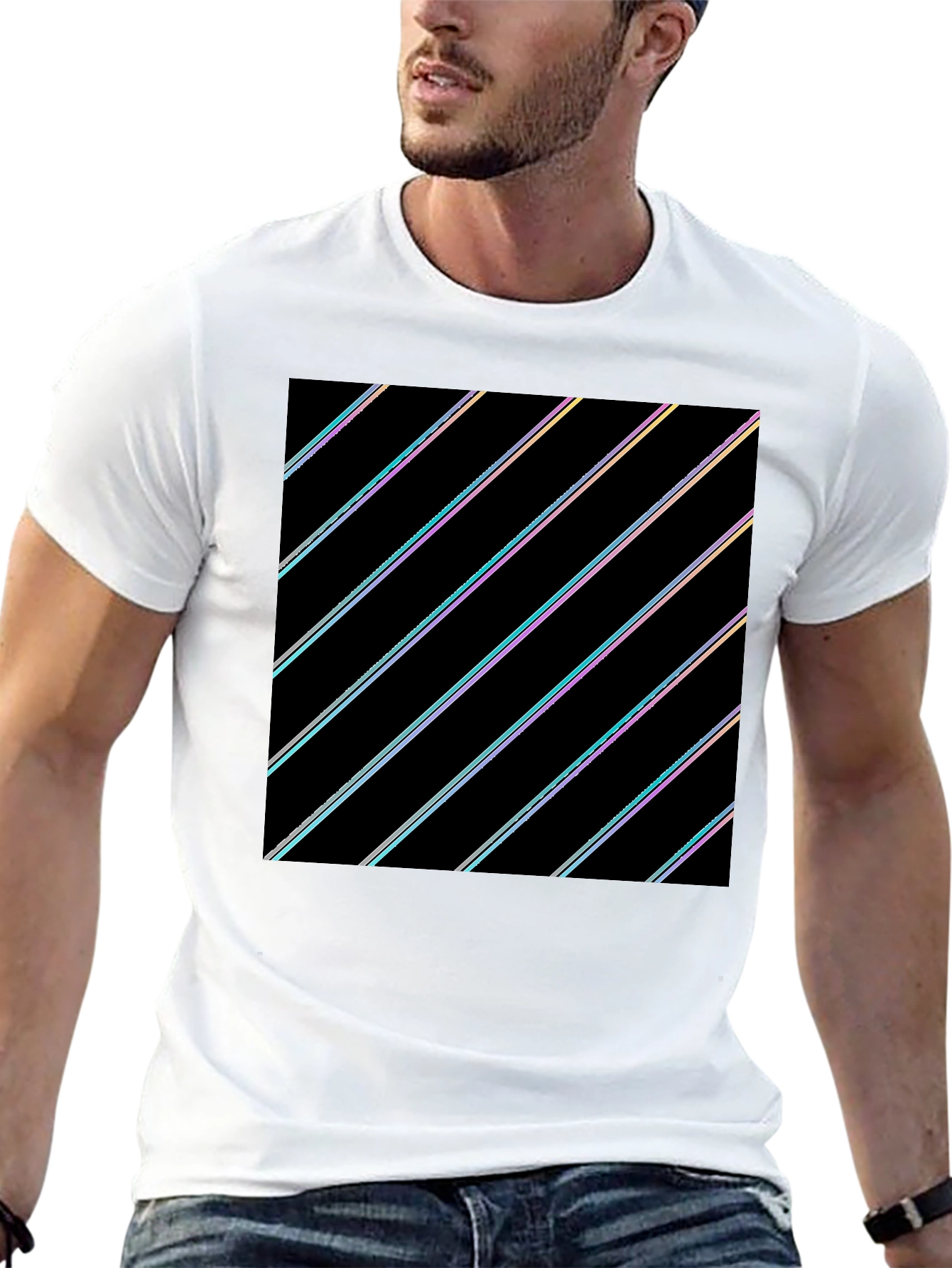 Modern Black T-Shirt with Geometric Stripe Design