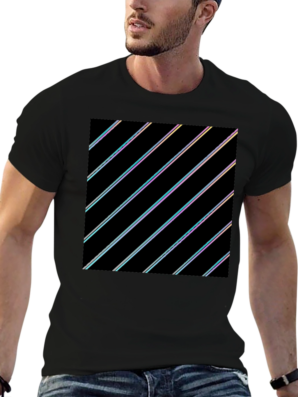 Modern Black T-Shirt with Geometric Stripe Design