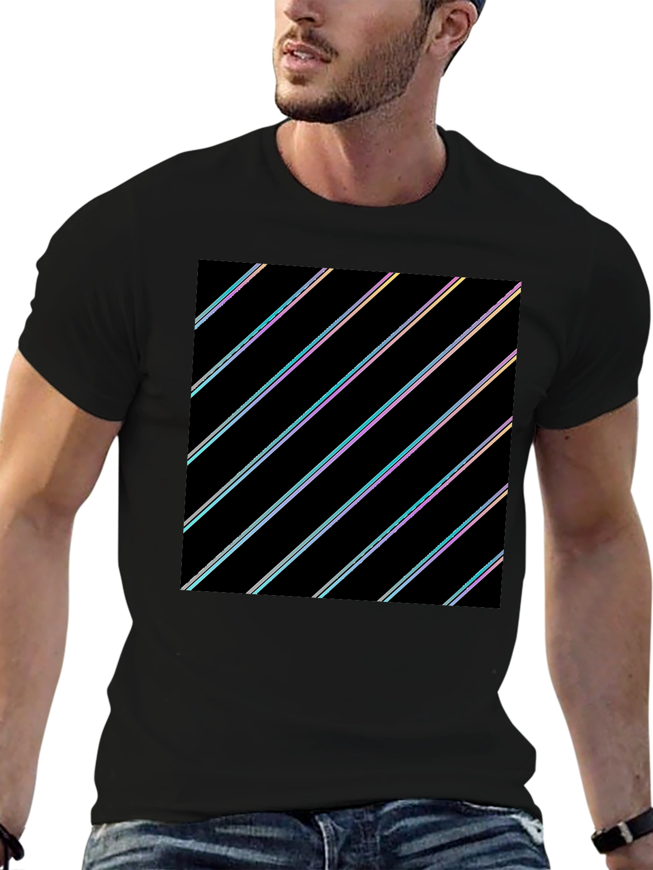 Modern Black T-Shirt with Geometric Stripe Design