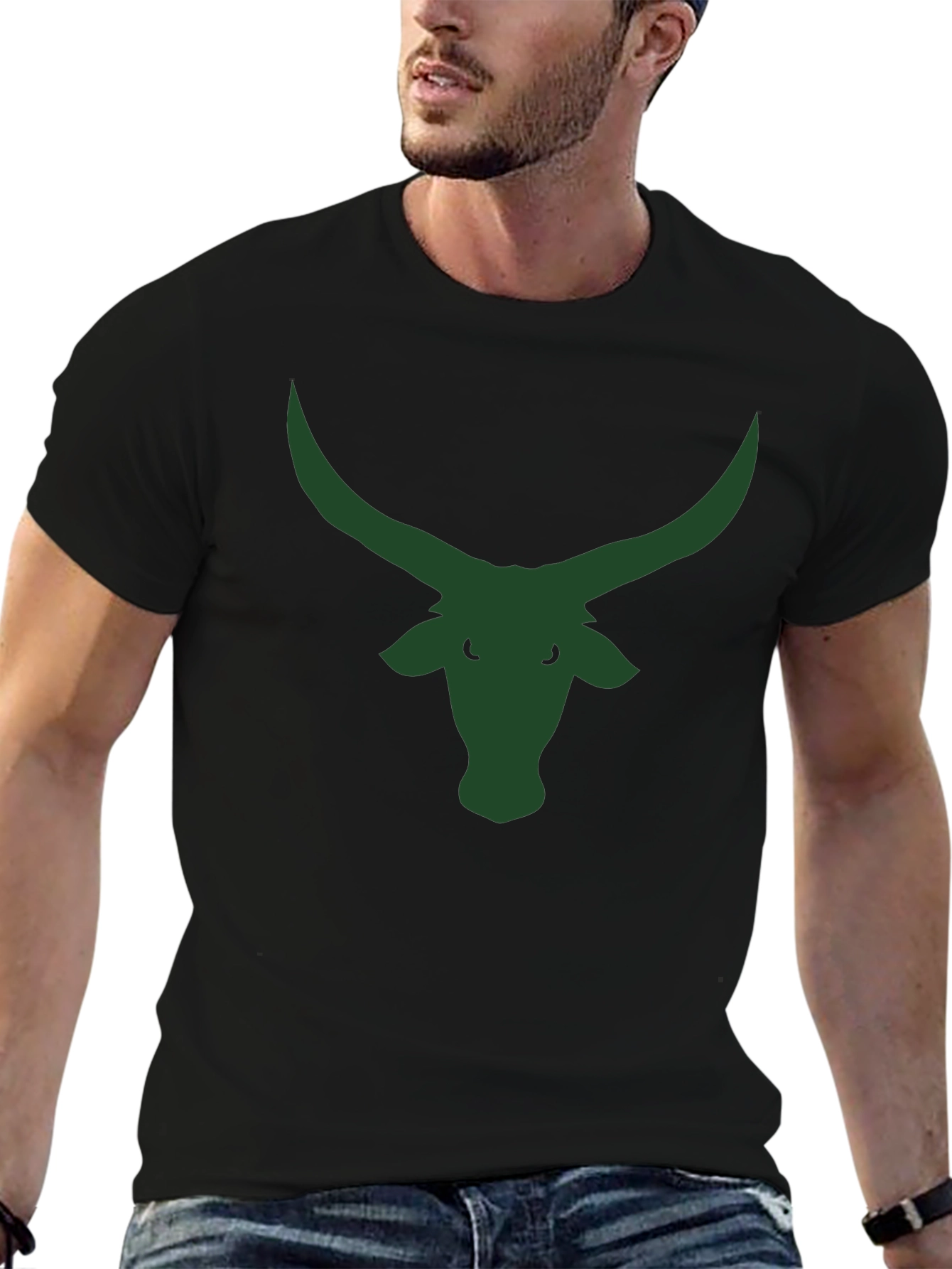 Black T-Shirt with Green Bull Horns Graphic