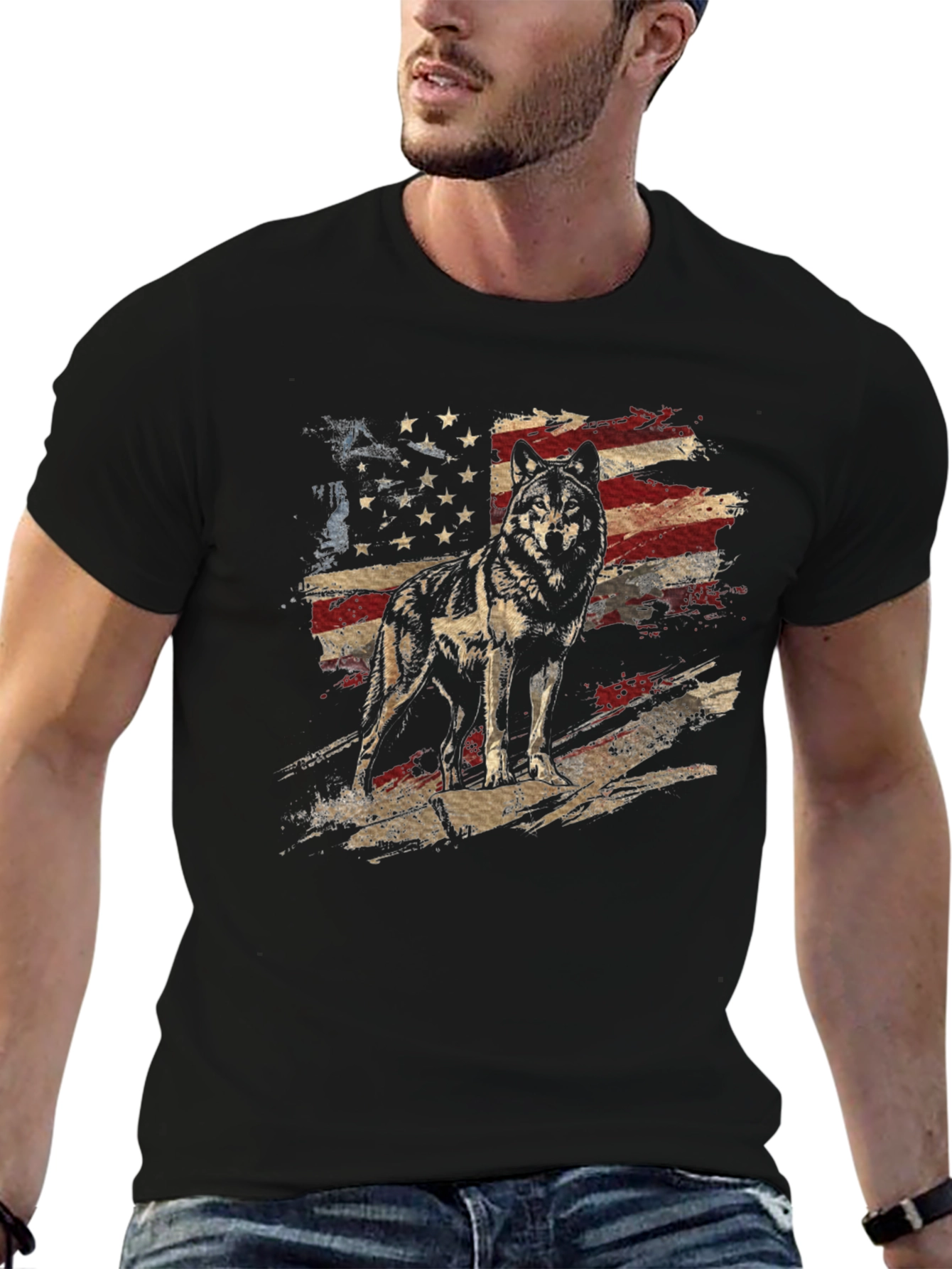 Wolf American Flag Graphic Tee - Patriotic Style