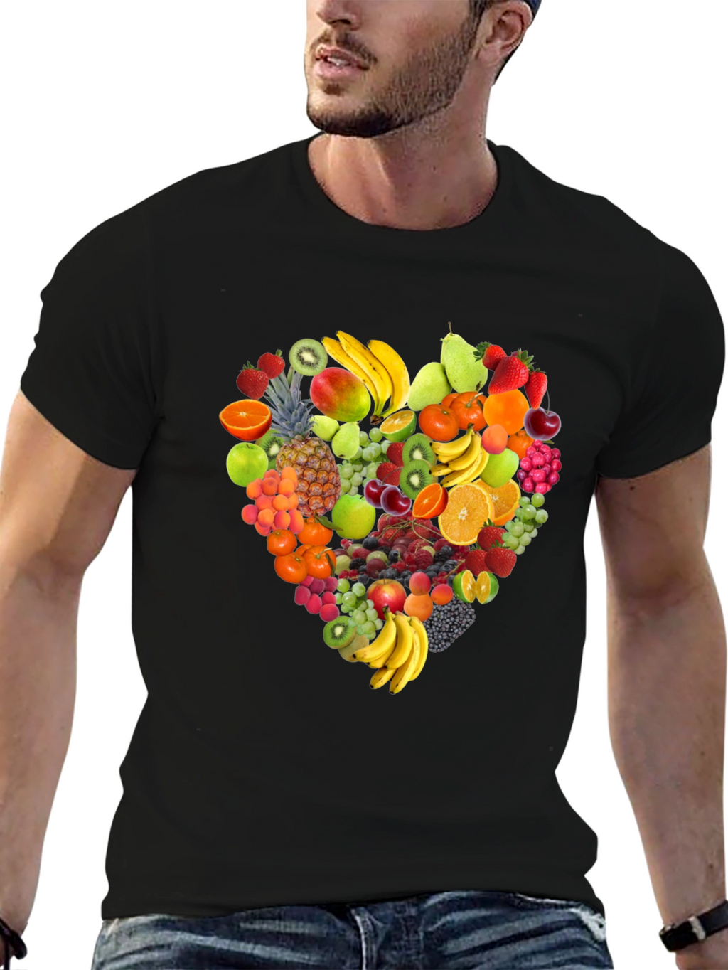 Fruit Heart Graphic Tee - Black Cotton T-Shirt