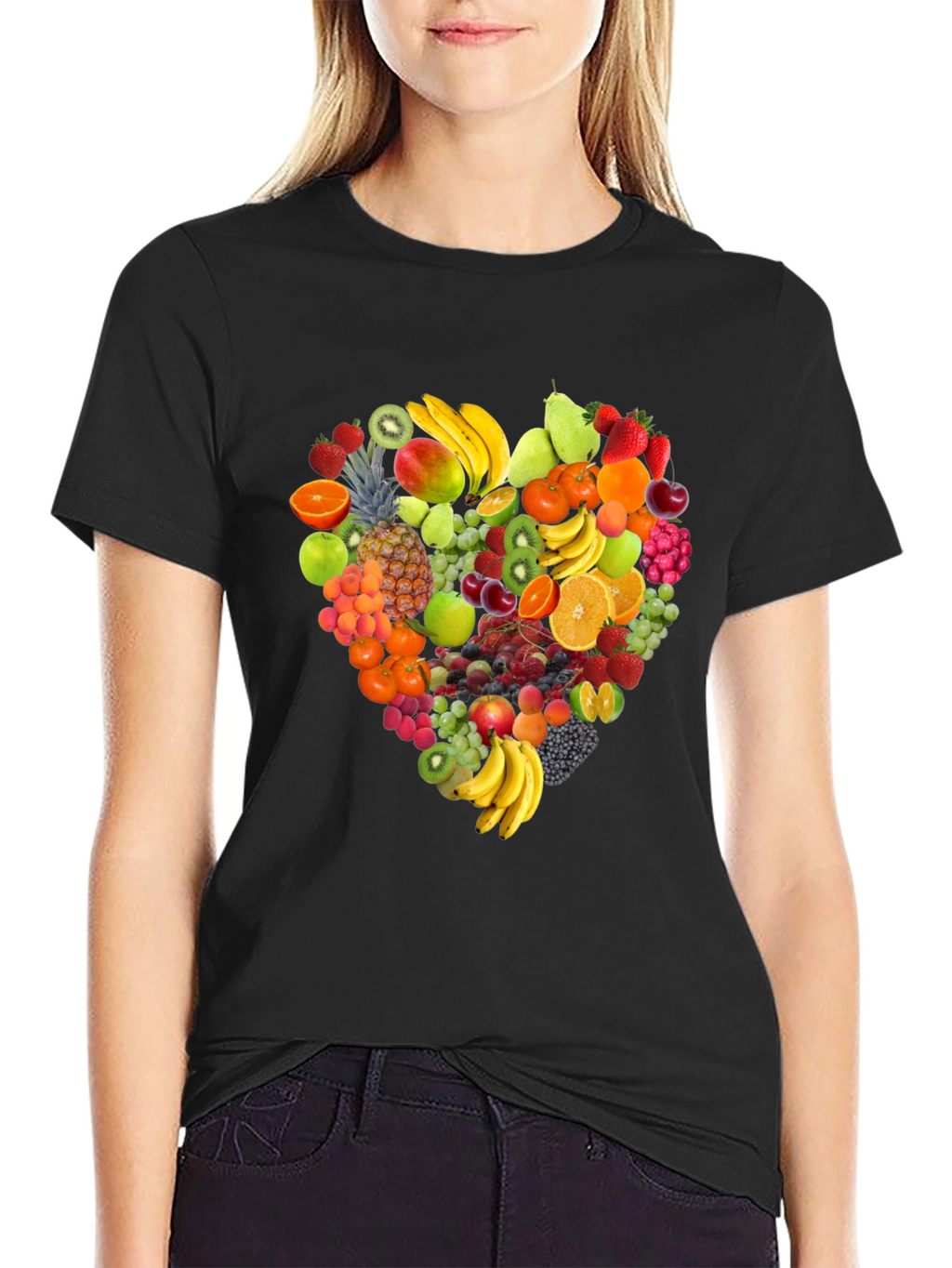 Fruit Heart Graphic Tee - Black Cotton T-Shirt