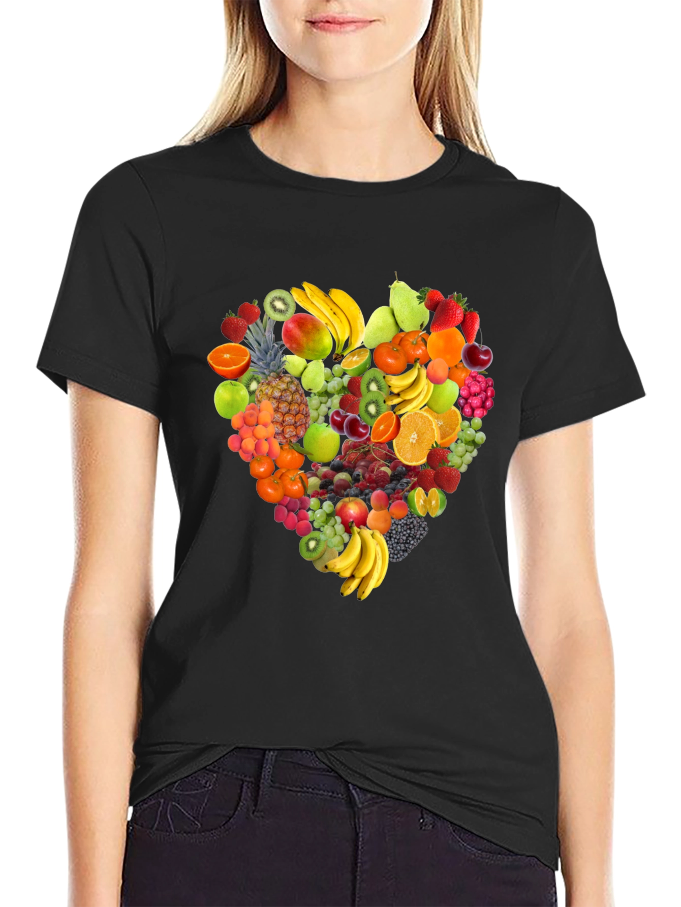 Fruit Heart Graphic Tee - Black Cotton T-Shirt