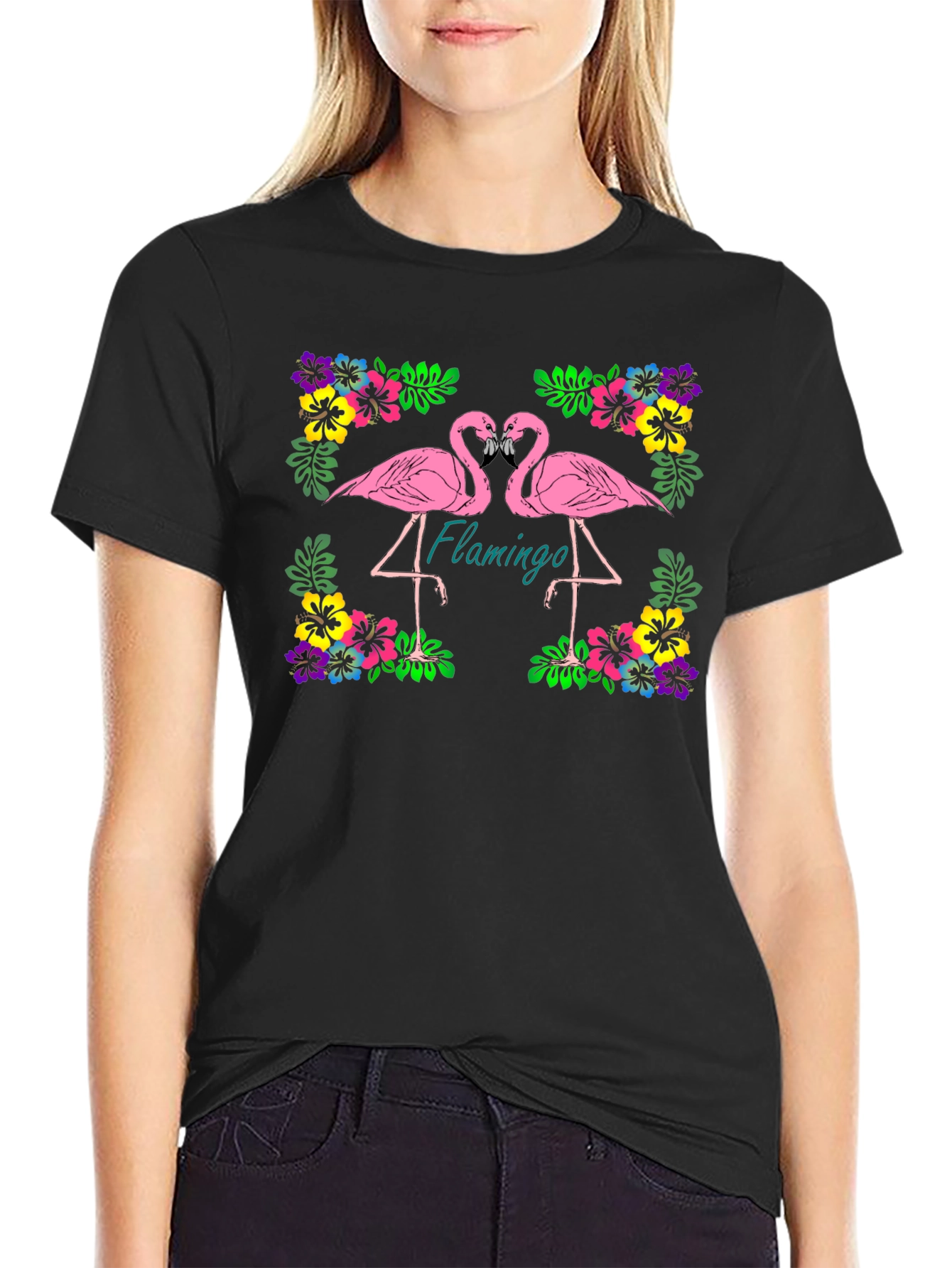 Flamingo Floral Graphic Black T-Shirt
