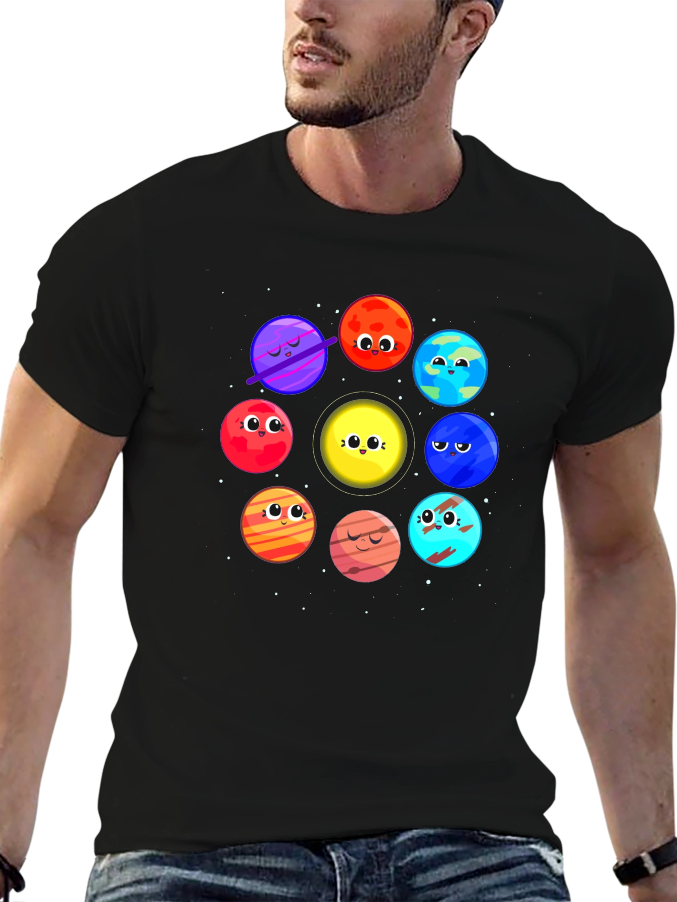 Planet Cartoon Graphic Black T-Shirt