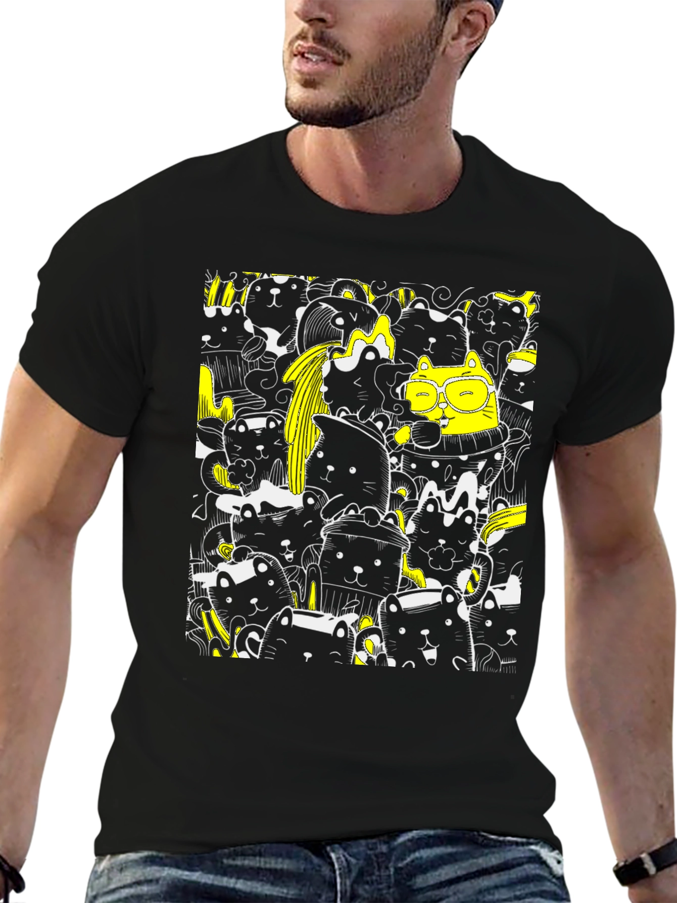 Cool Black Cat Doodle T-Shirt