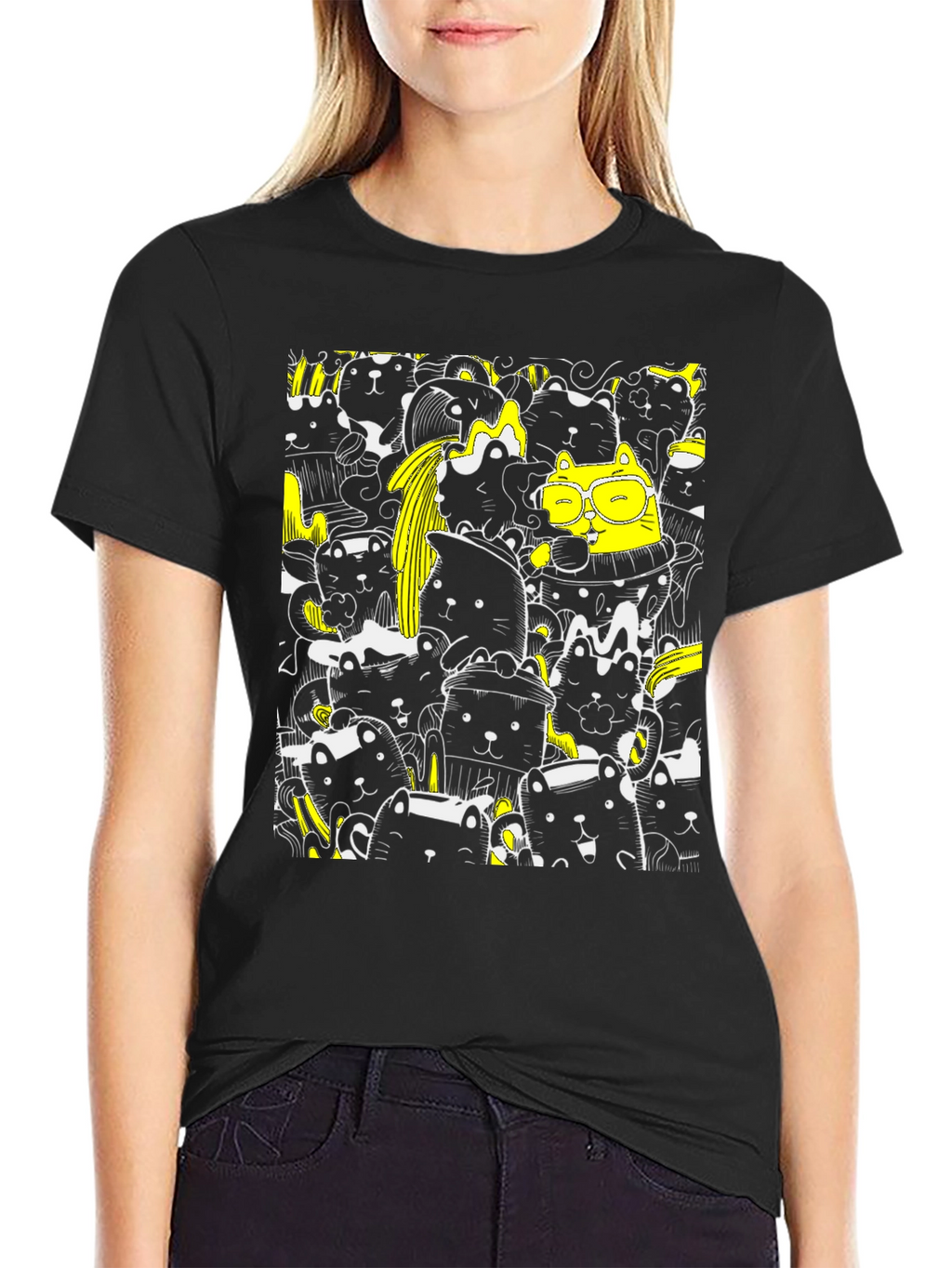 Cool Black Cat Doodle T-Shirt