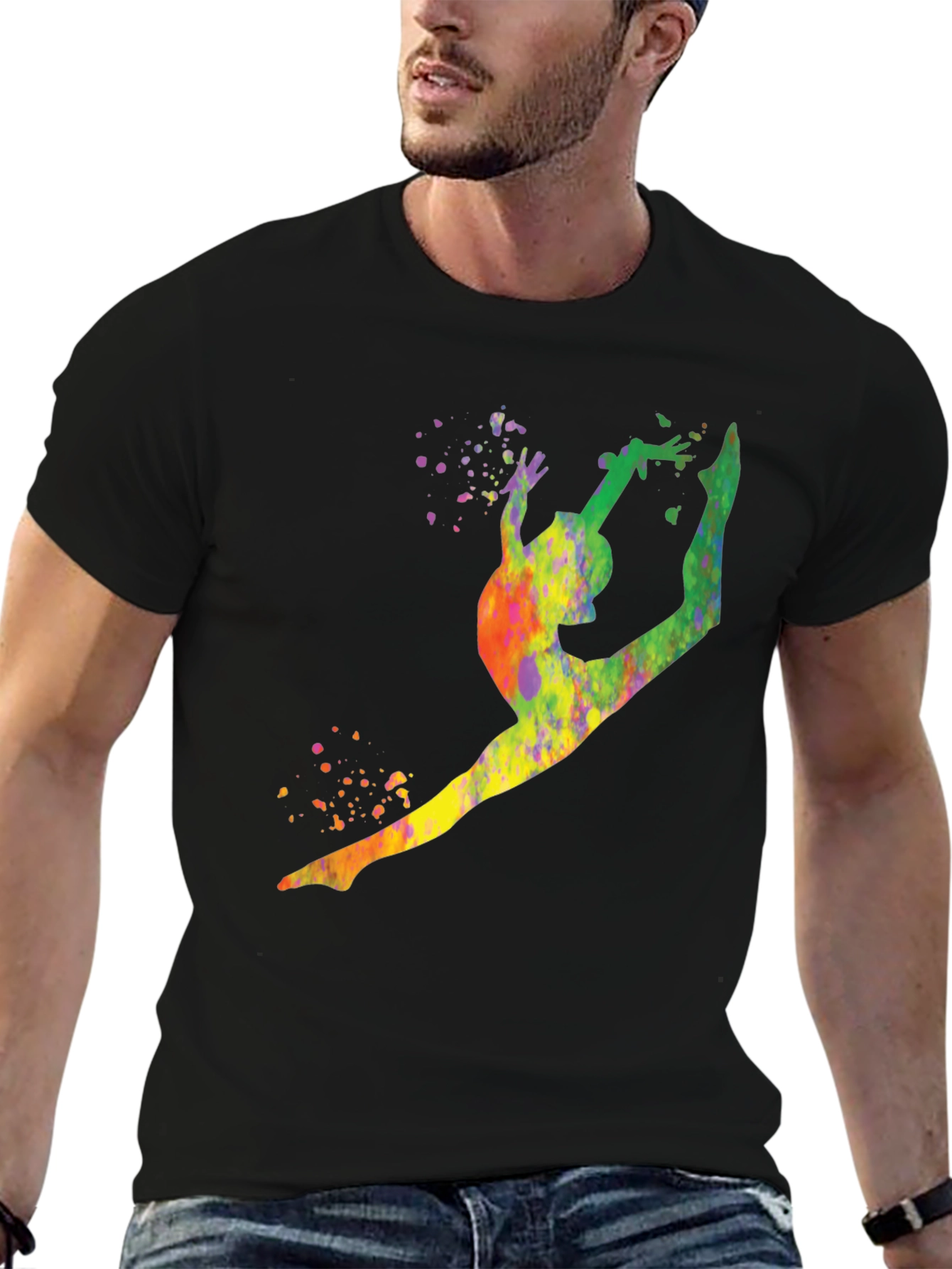 Gymnast Watercolor Splatter Black T-Shirt
