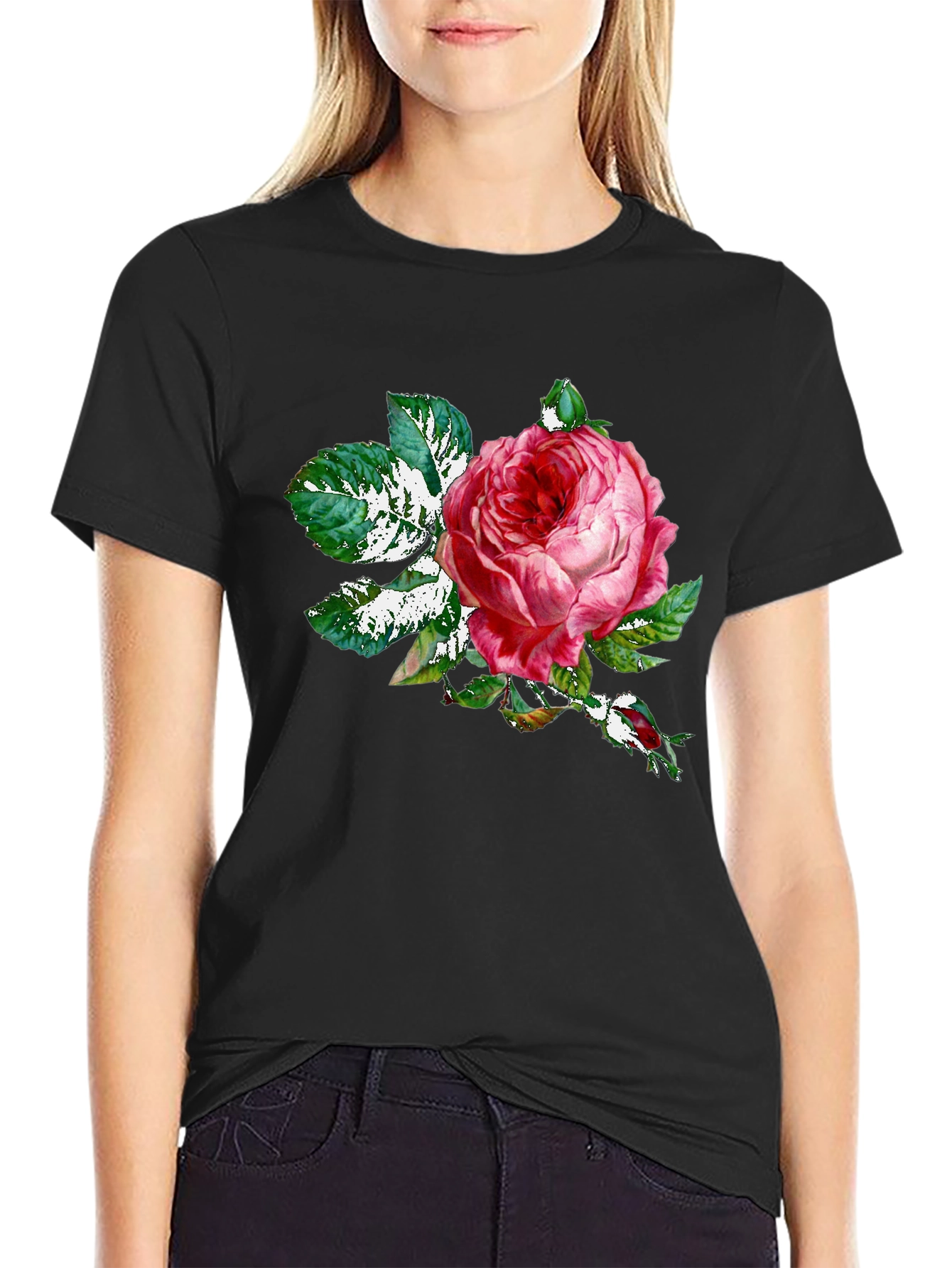 Rose Graphic Tee - Black Cotton T-Shirt