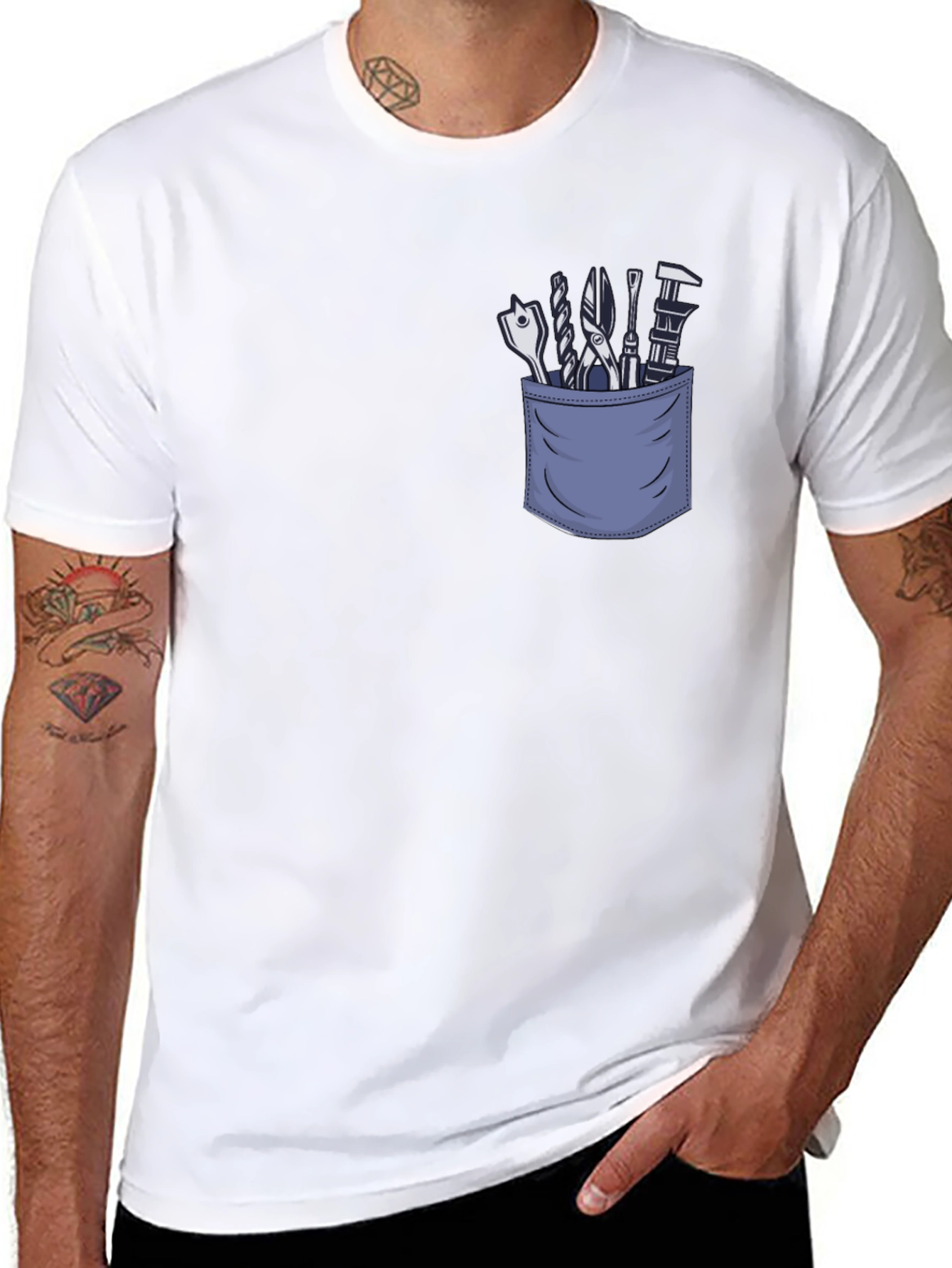 Mens Black T-Shirt with Tool Pocket Graphic