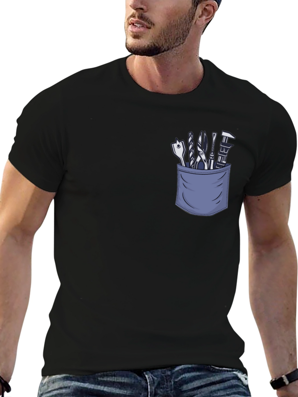 Mens Black T-Shirt with Tool Pocket Graphic