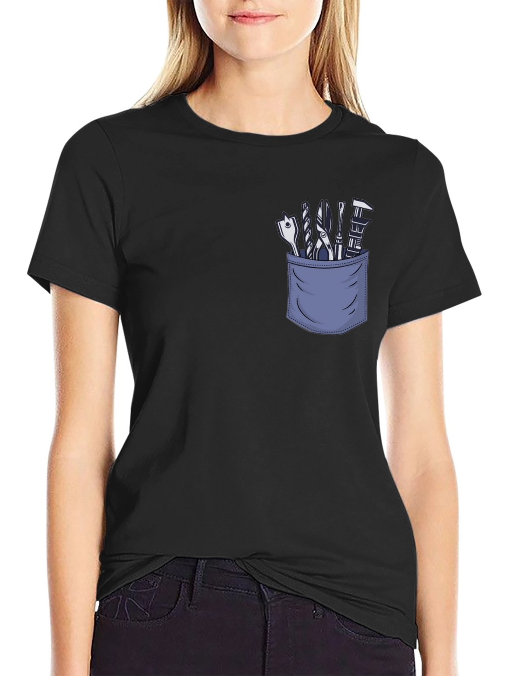 Mens Black T-Shirt with Tool Pocket Graphic