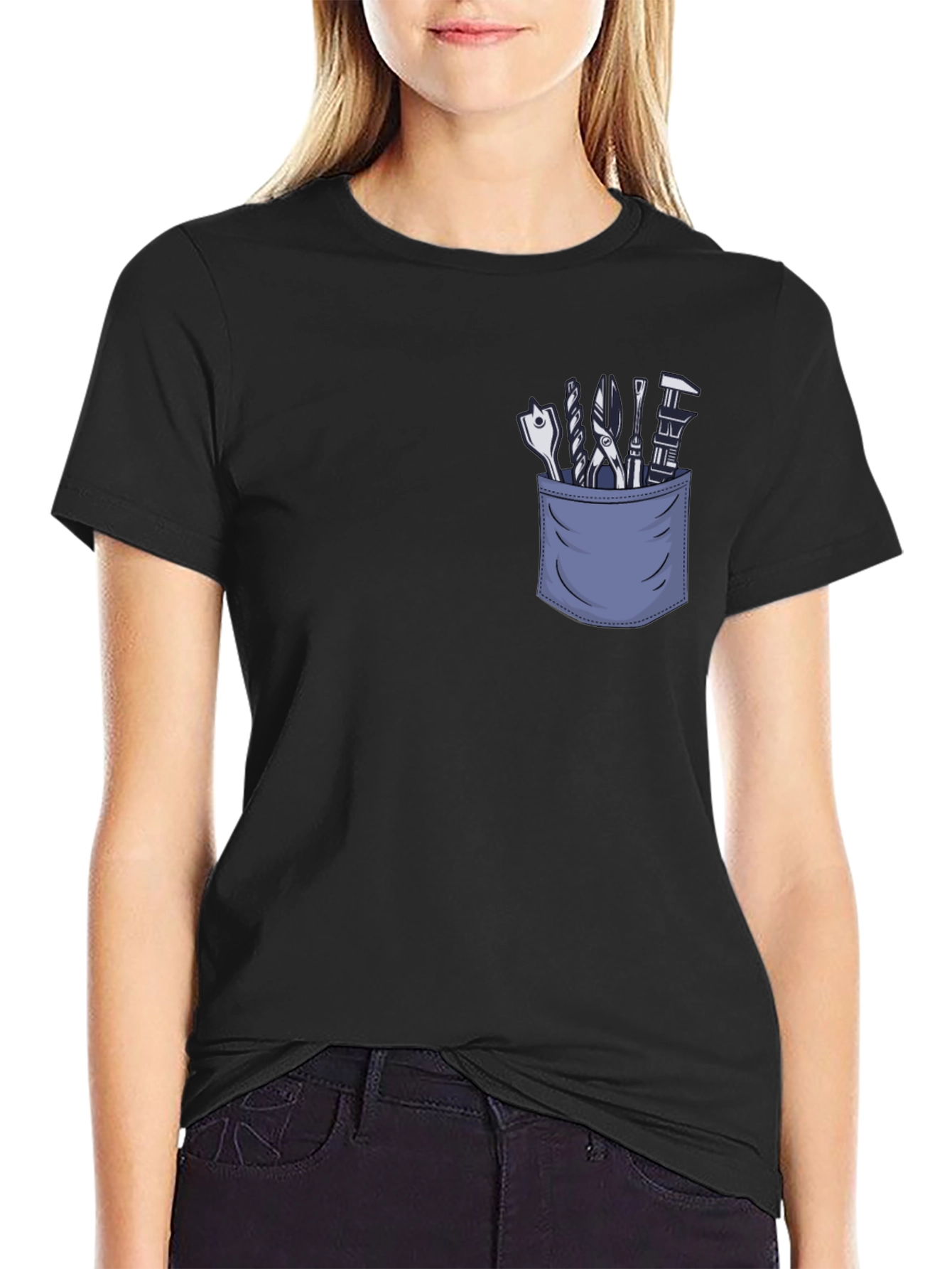Mens Black T-Shirt with Tool Pocket Graphic