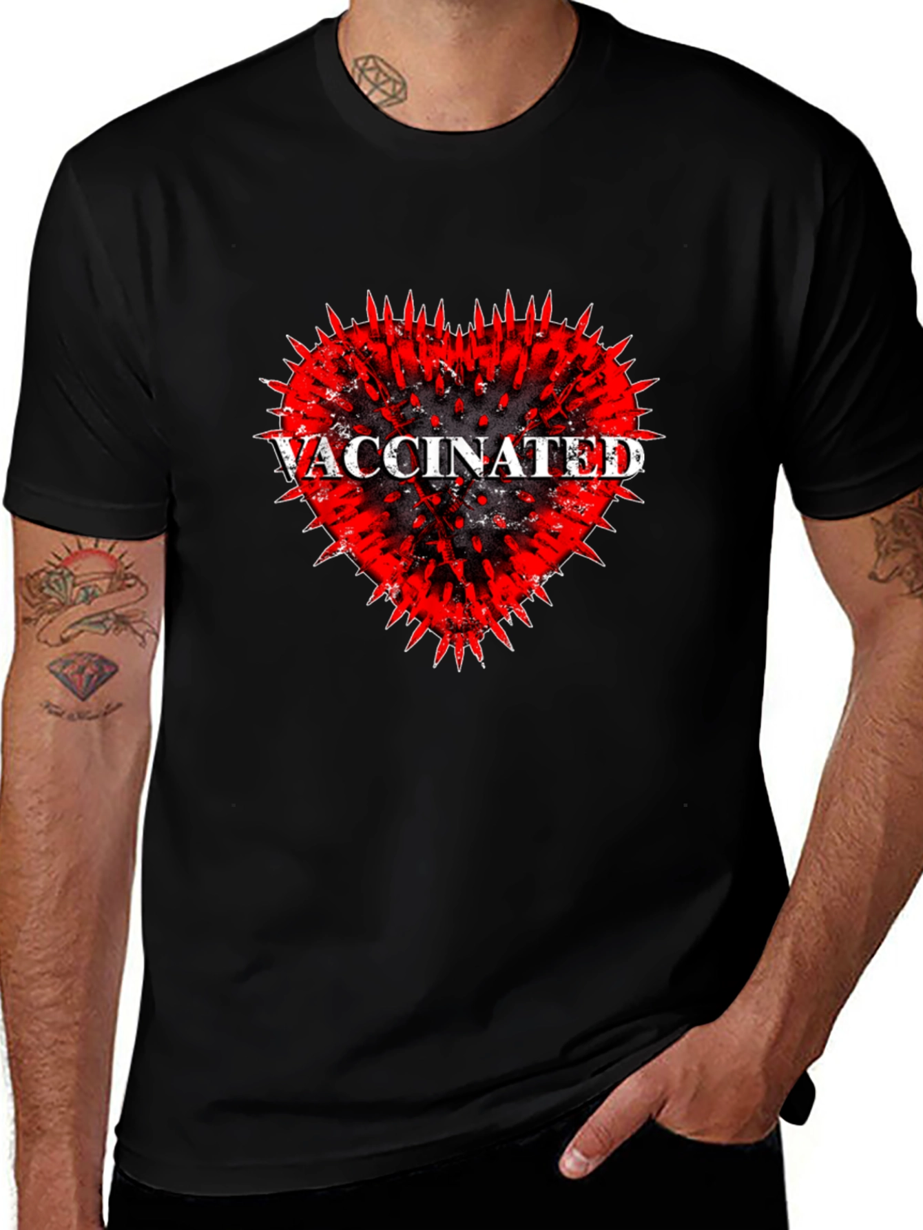 Vaccinated Heart Graphic Tee - Black Cotton T-Shirt