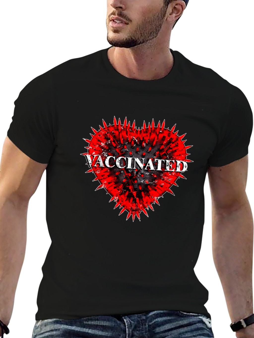 Vaccinated Heart Graphic Tee - Black Cotton T-Shirt