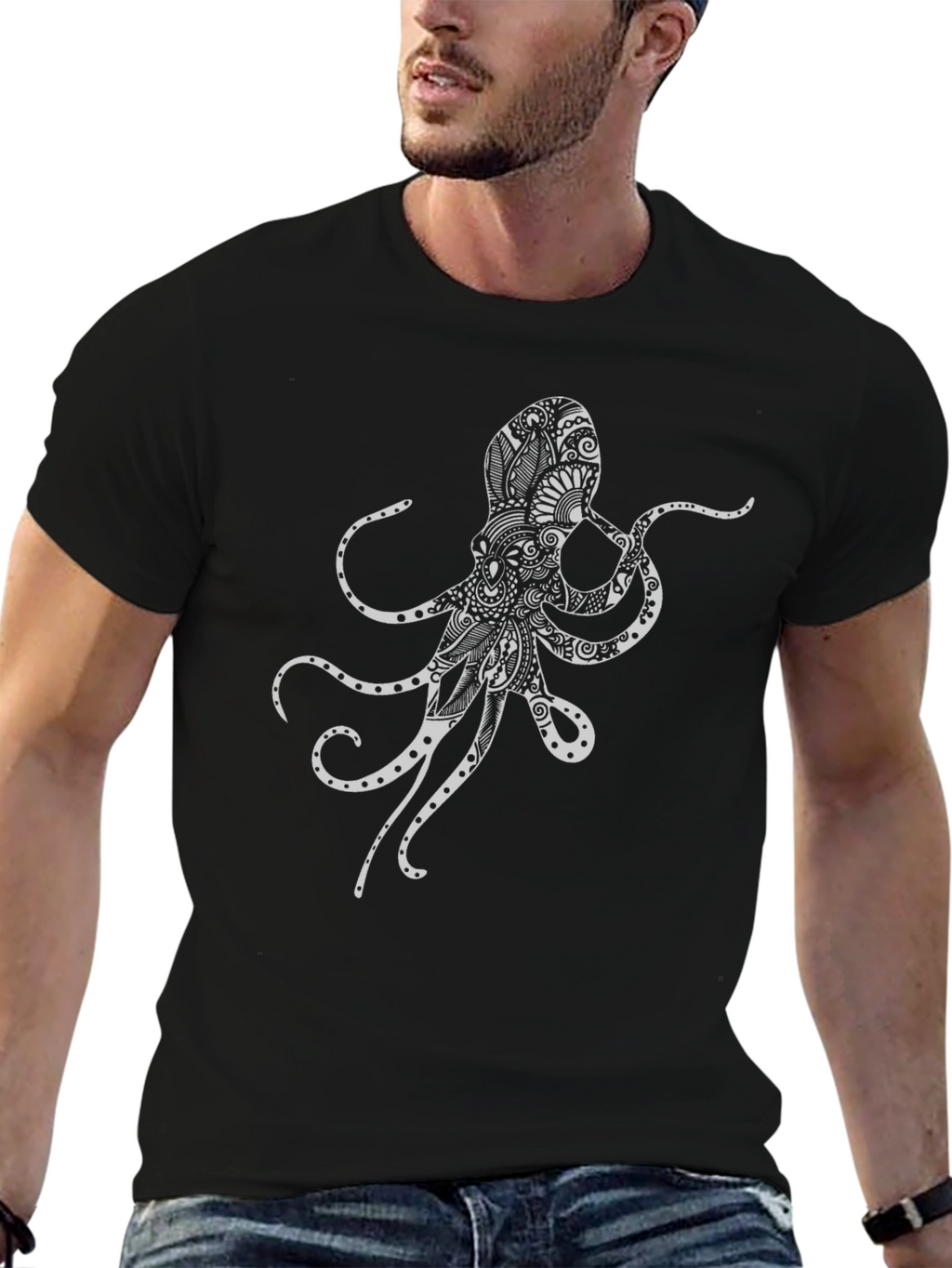 Octopus Art Graphic Black T-Shirt