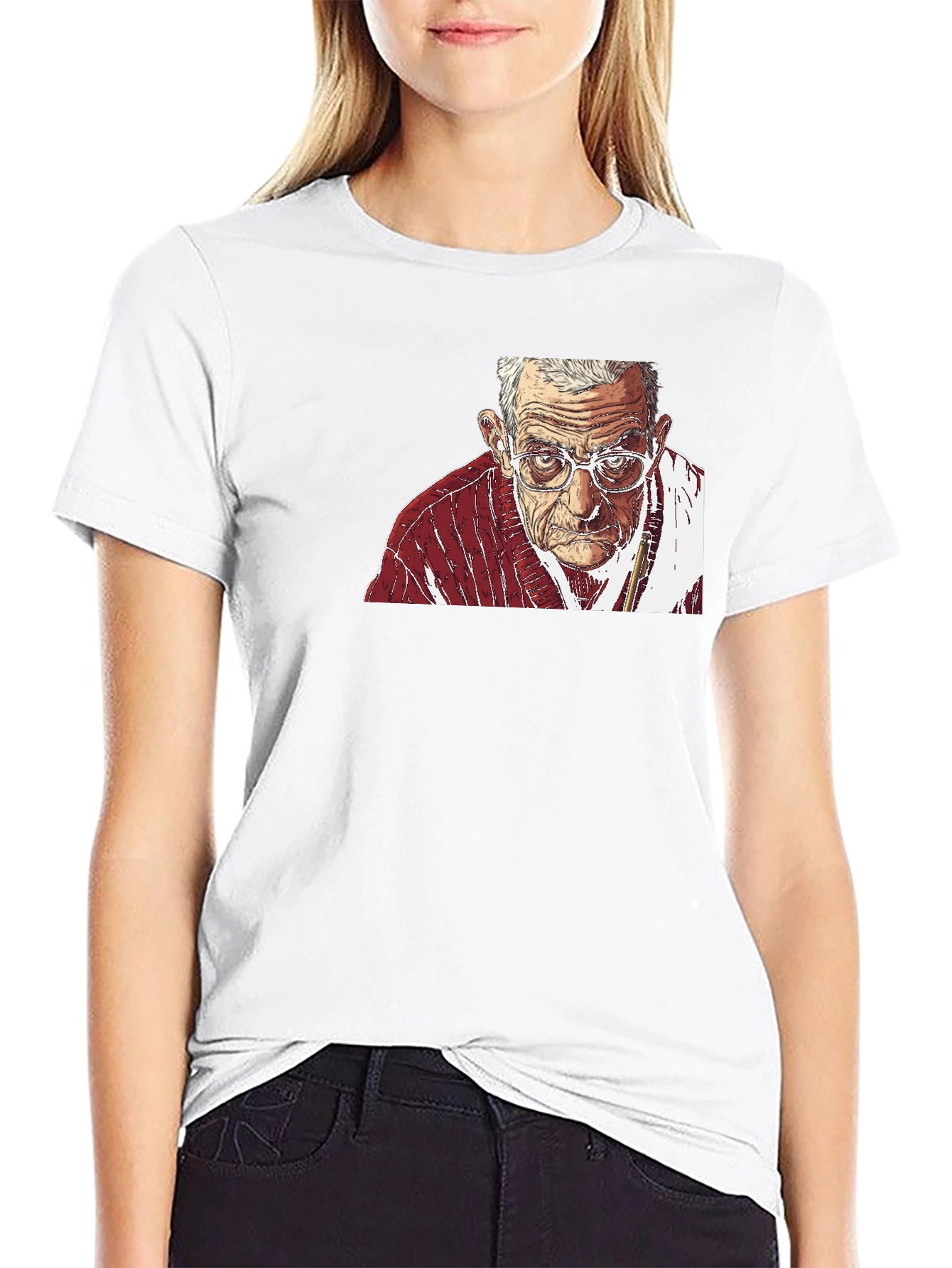 Illustrated Old Man Portrait Black T-Shirt