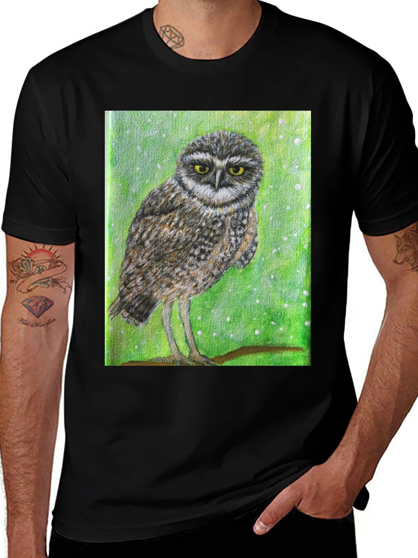 Owl Print Black T-Shirt - Unique Nature Design