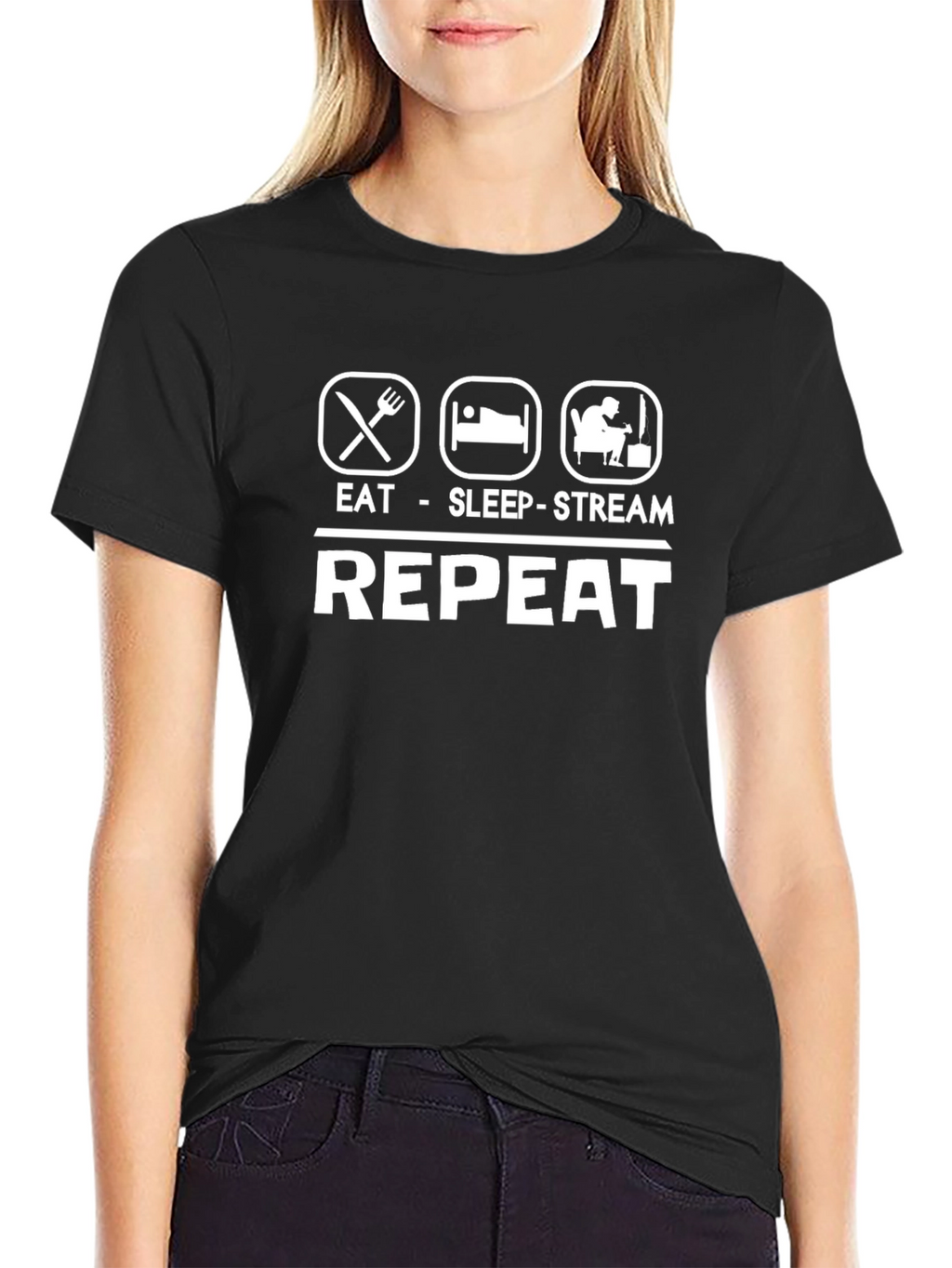Eat Sleep Stream Repeat Black Graphic T-Shirt