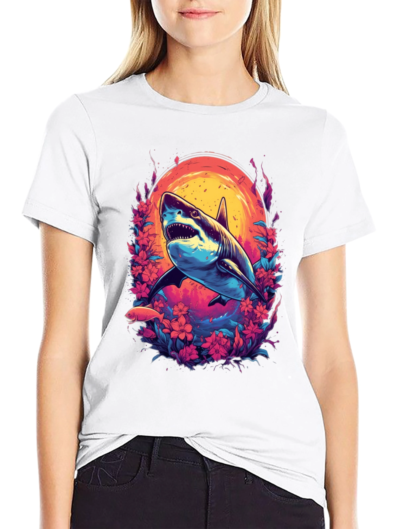 Shark Floral Graphic Tee - Black