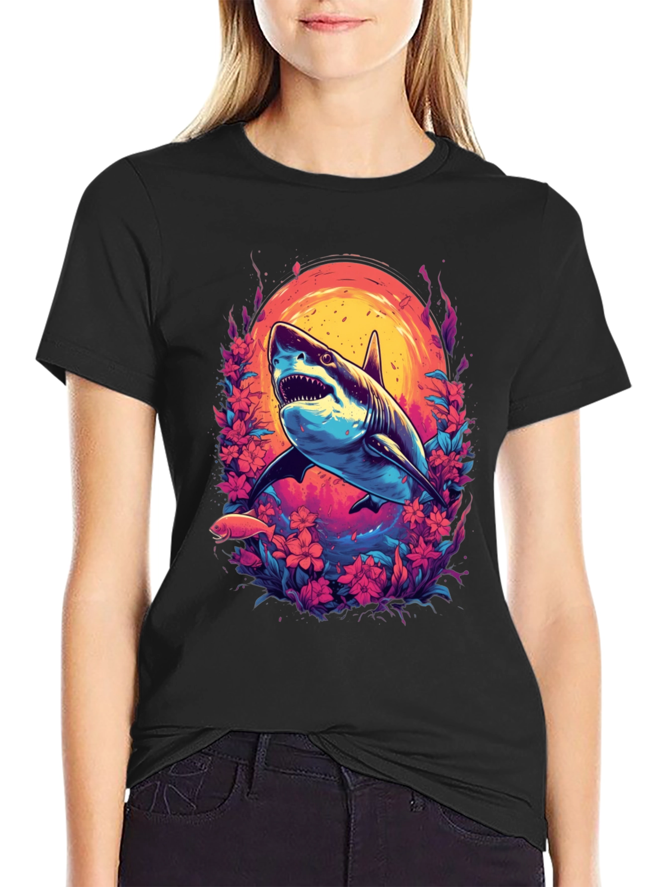 Shark Floral Graphic Tee - Black