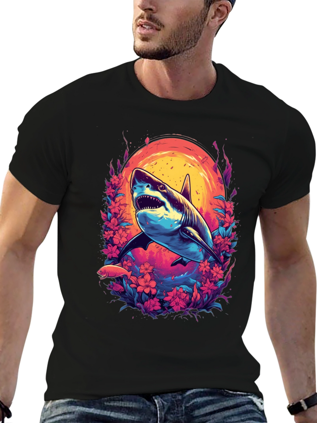 Shark Floral Graphic Tee - Black