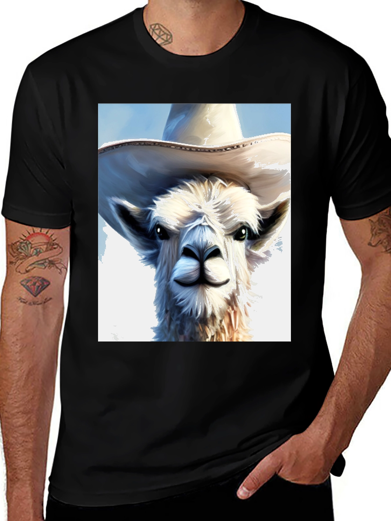 Llama in a Hat Graphic Tee - Black Cotton Shirt