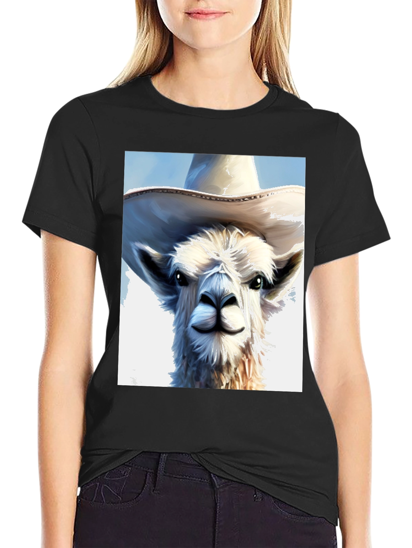 Llama in a Hat Graphic Tee - Black Cotton Shirt