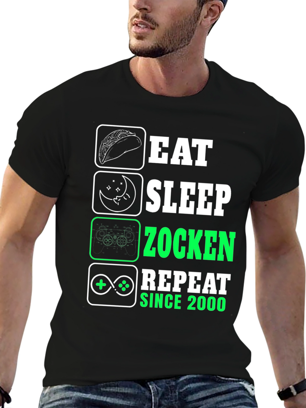 Eat Sleep Zocken Repeat Black T-Shirt - Gamer Style