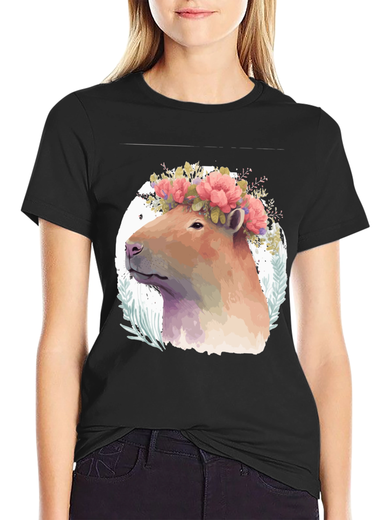 Capybara Floral Crown Graphic Tee - Stylish Mens Black T-Shirt