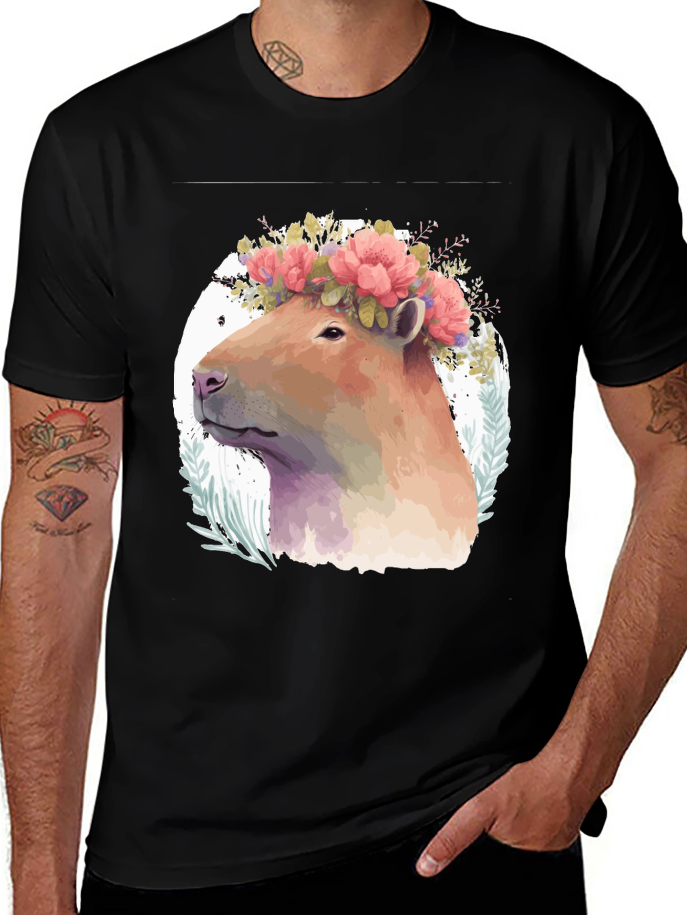 Capybara Floral Crown Graphic Tee - Stylish Mens Black T-Shirt