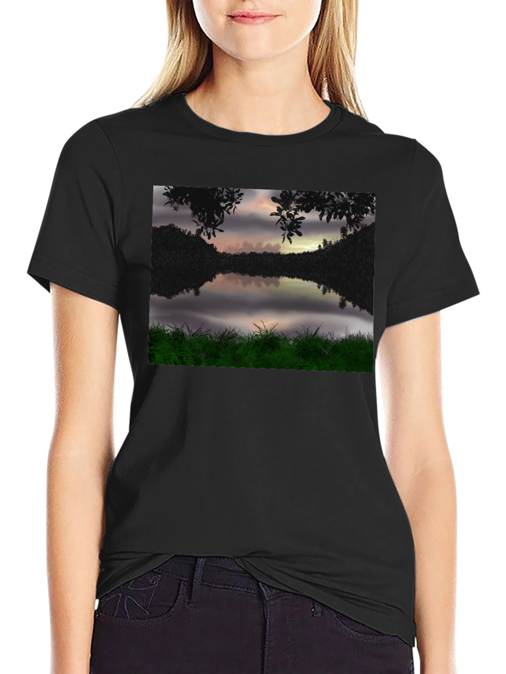 Nature Lake Scene Black T-Shirt