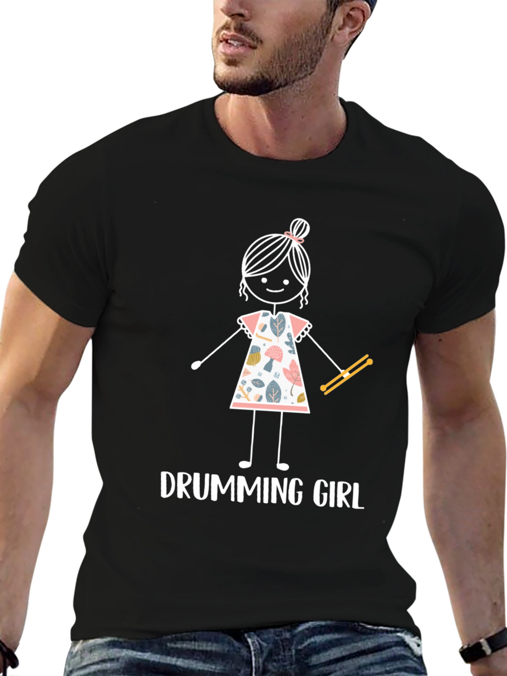 Drumming Girl Graphic T-Shirt - Black