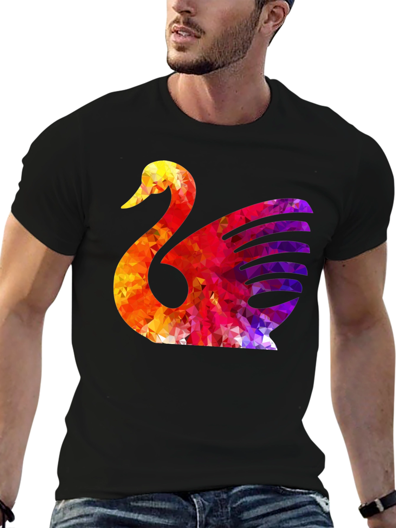 Abstract Swan Graphic Print Black T-Shirt
