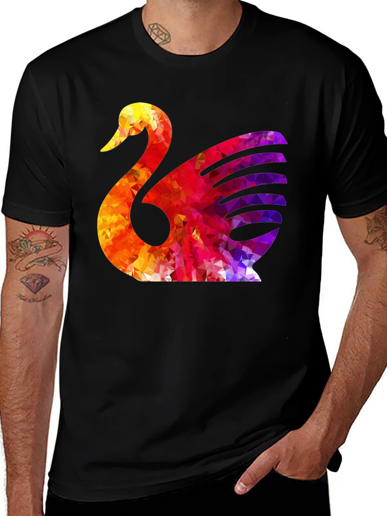 Abstract Swan Graphic Print Black T-Shirt