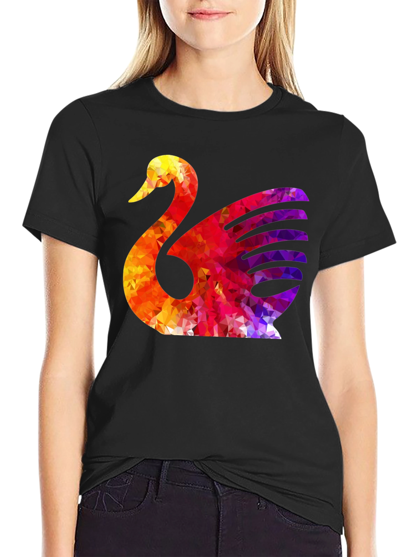 Abstract Swan Graphic Print Black T-Shirt