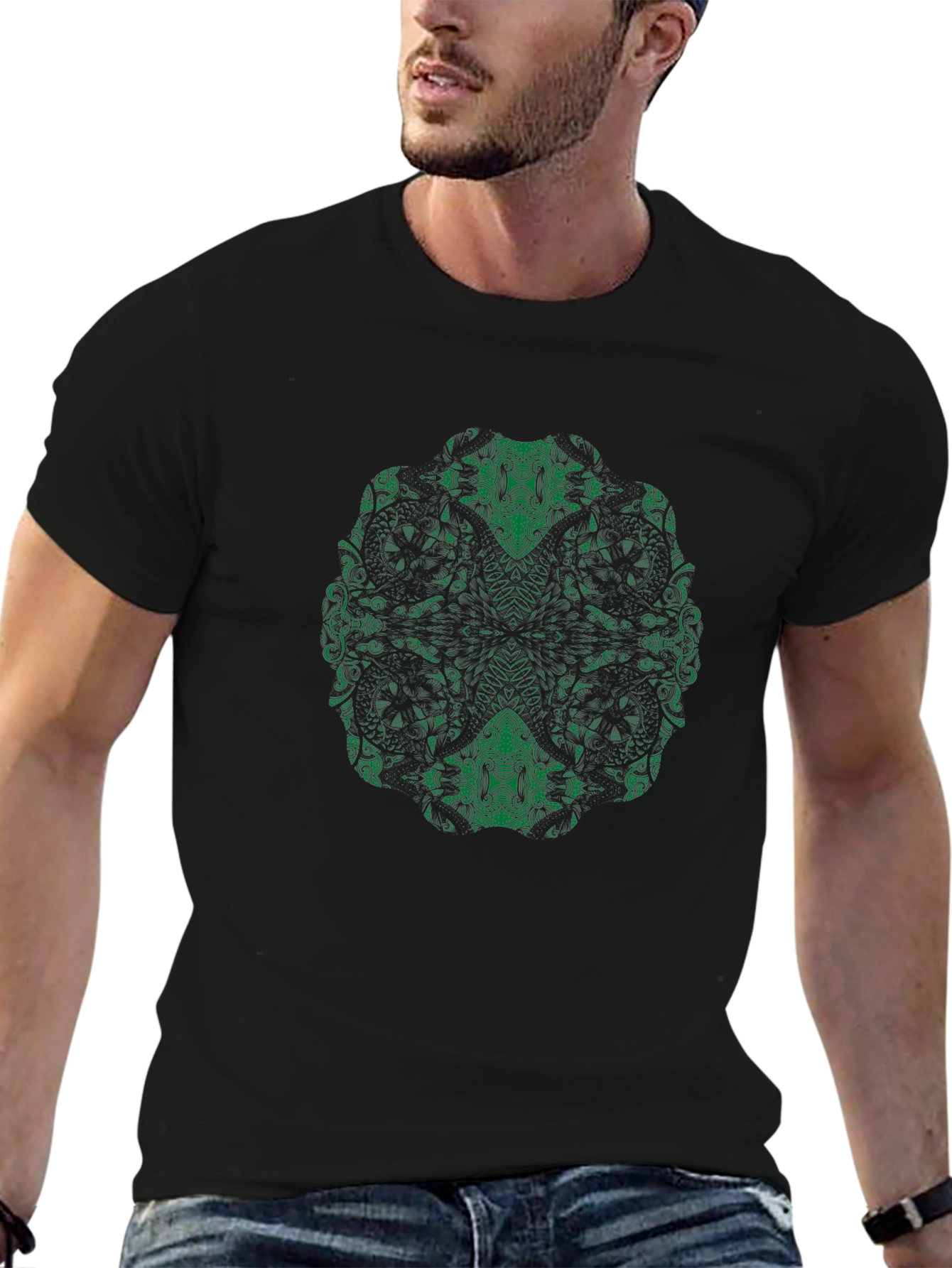 Abstract Green Print Black T-Shirt