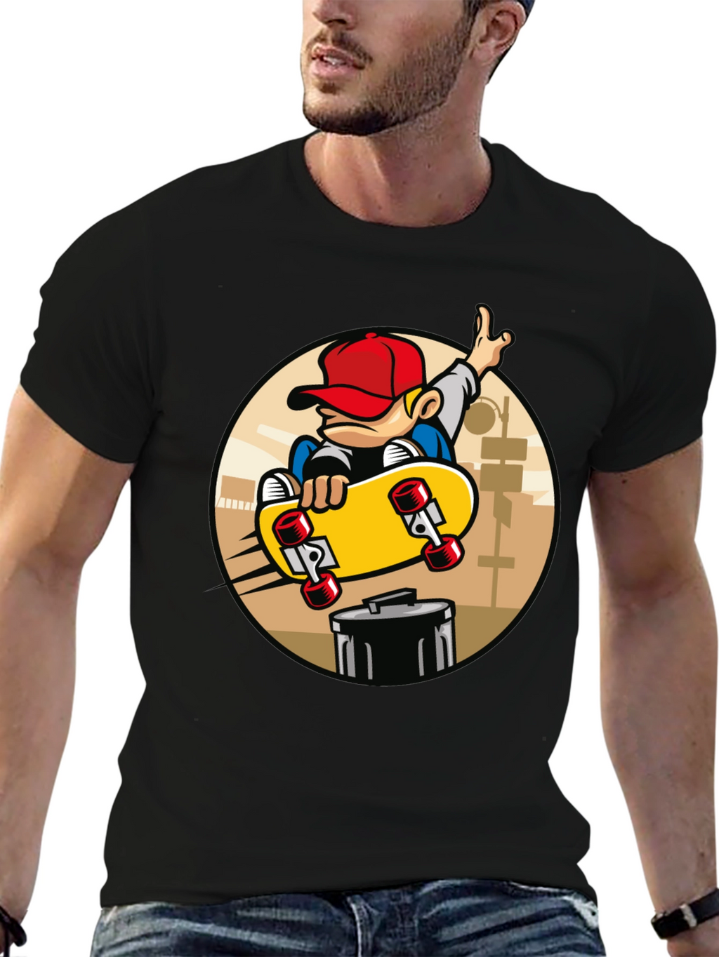 Skateboarder Graphic Tee - Black Cotton Blend T-Shirt
