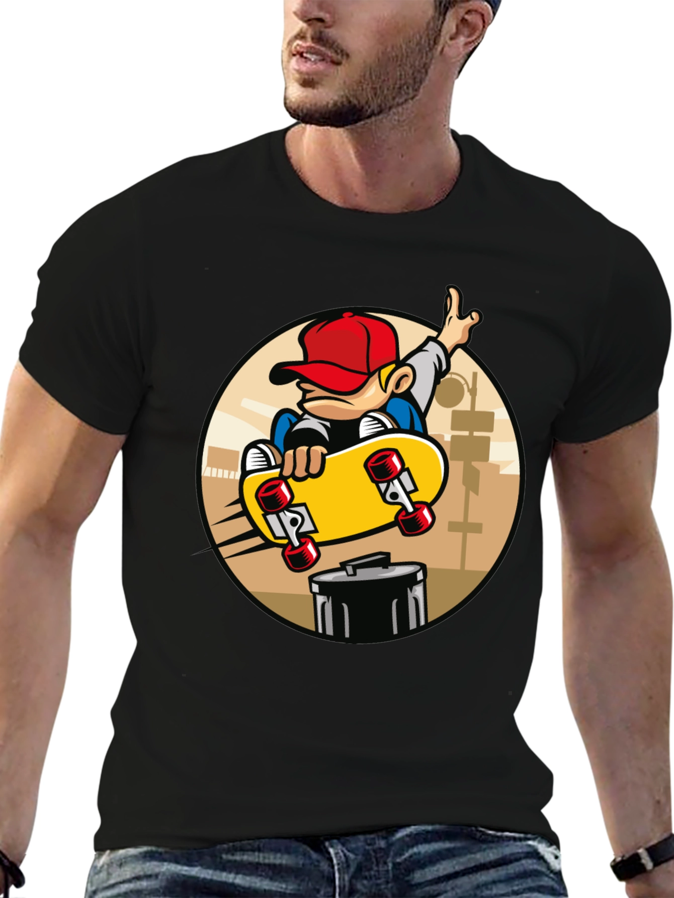 Skateboarder Graphic Tee - Black Cotton Blend T-Shirt