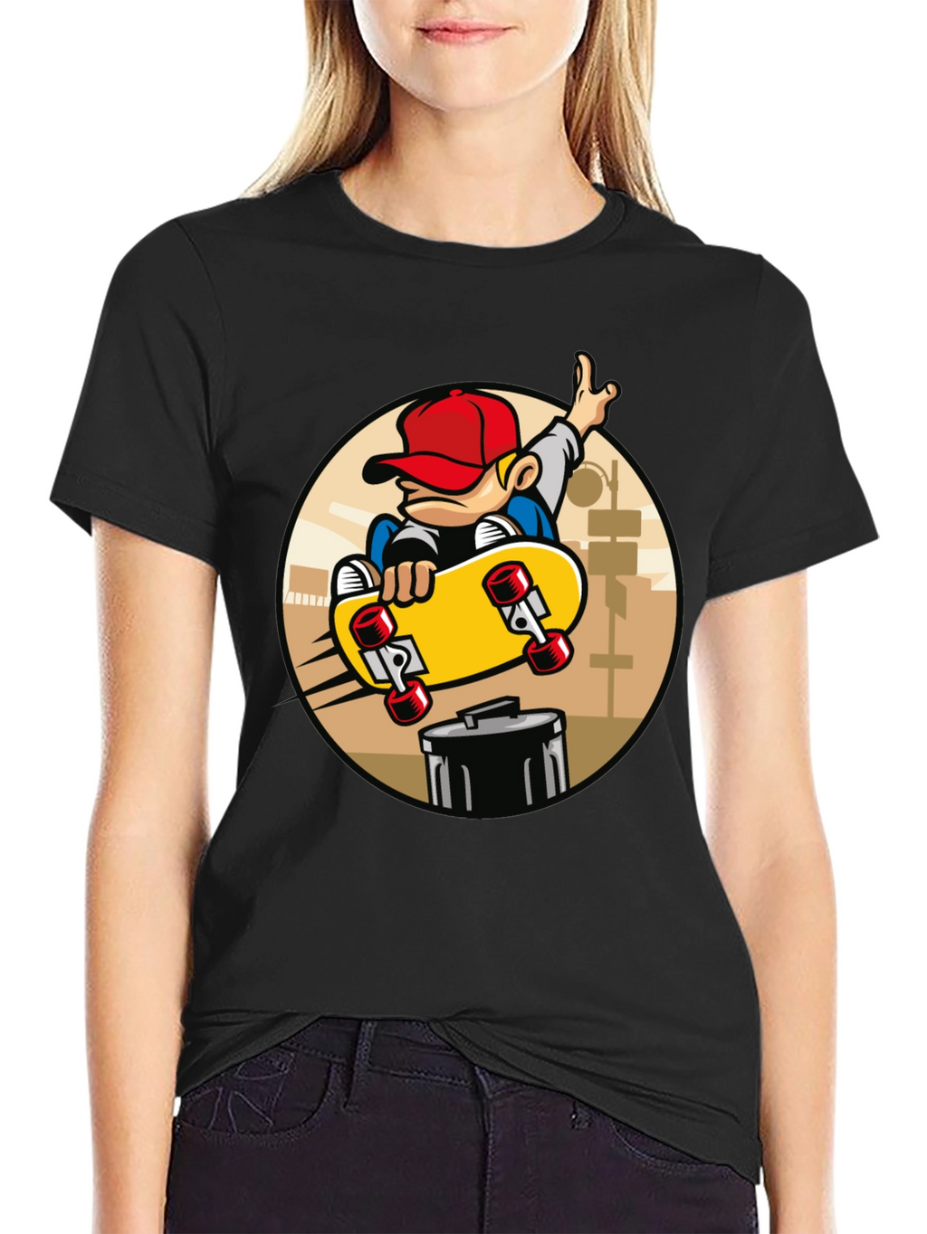 Skateboarder Graphic Tee - Black Cotton Blend T-Shirt