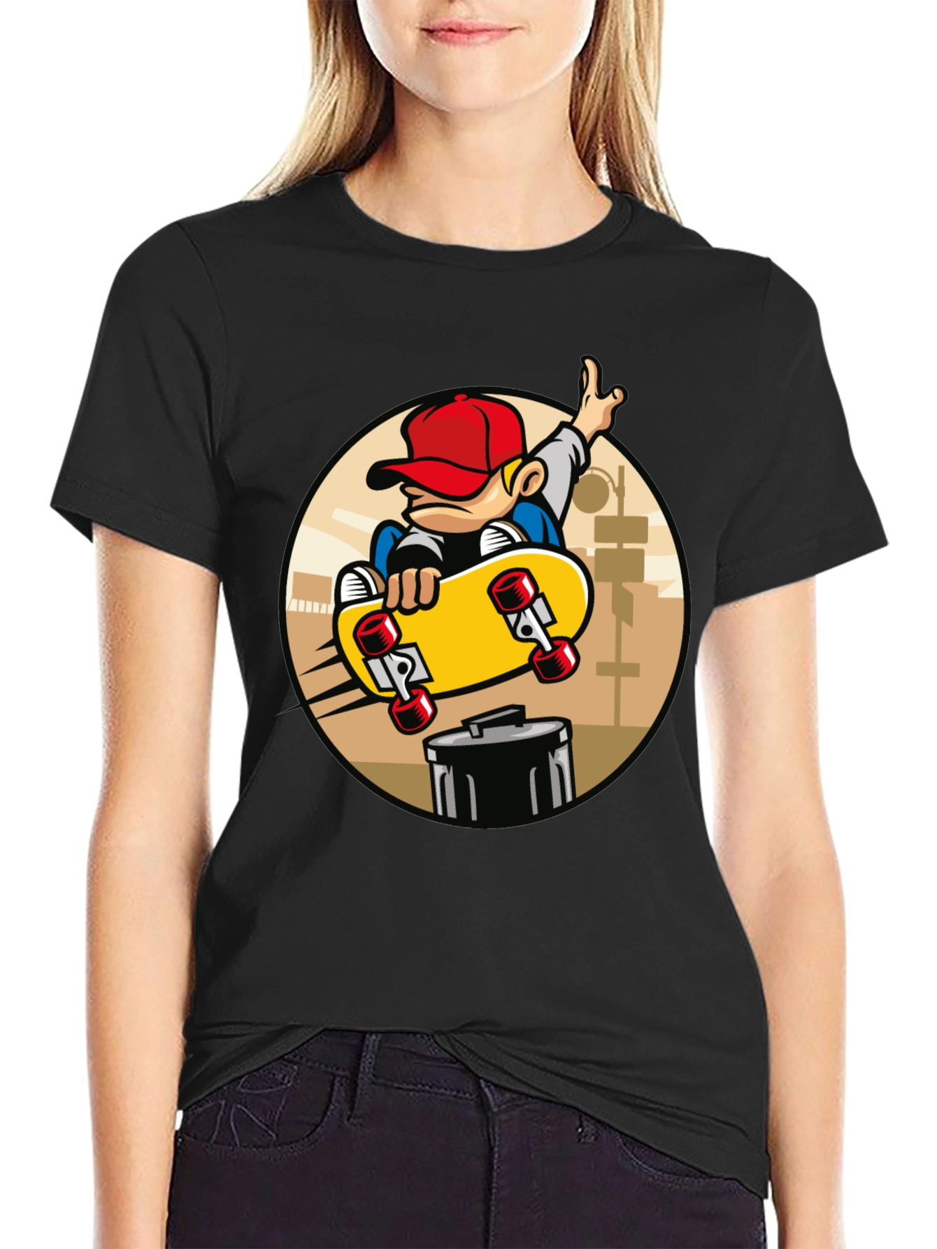 Skateboarder Graphic Tee - Black Cotton Blend T-Shirt